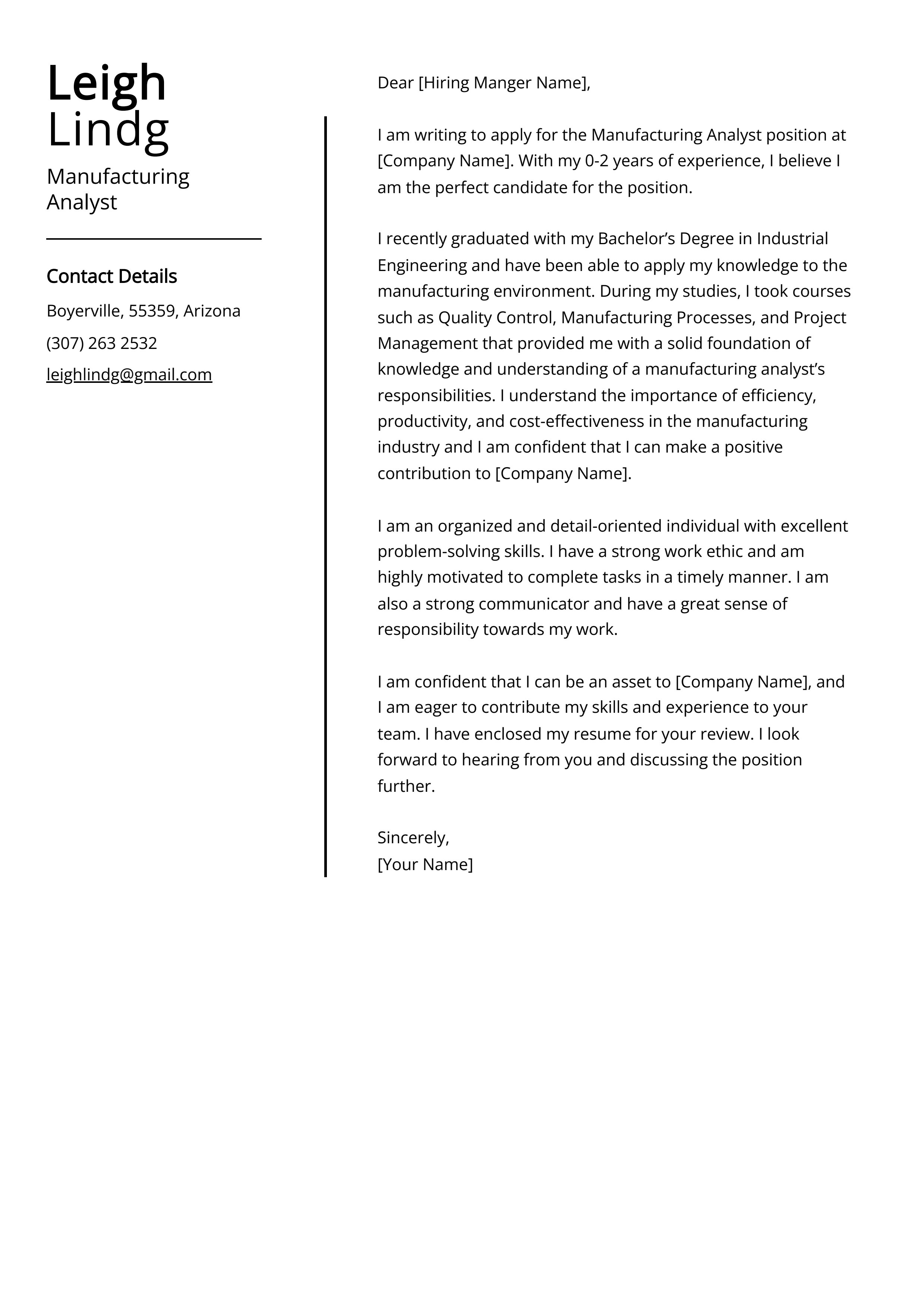 Manufacturing Analyst Cover Letter Example
