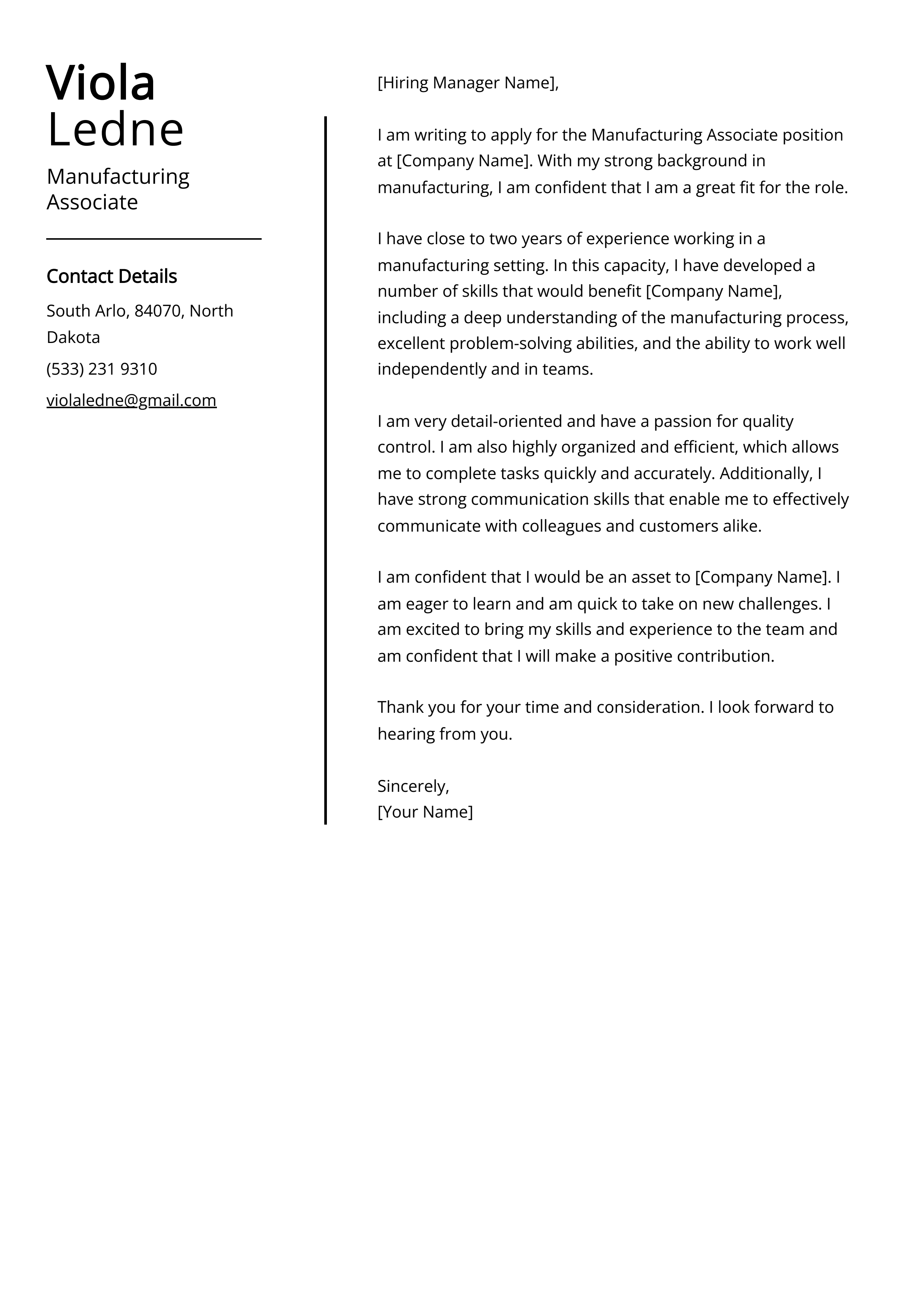 Manufacturing Associate Cover Letter Example