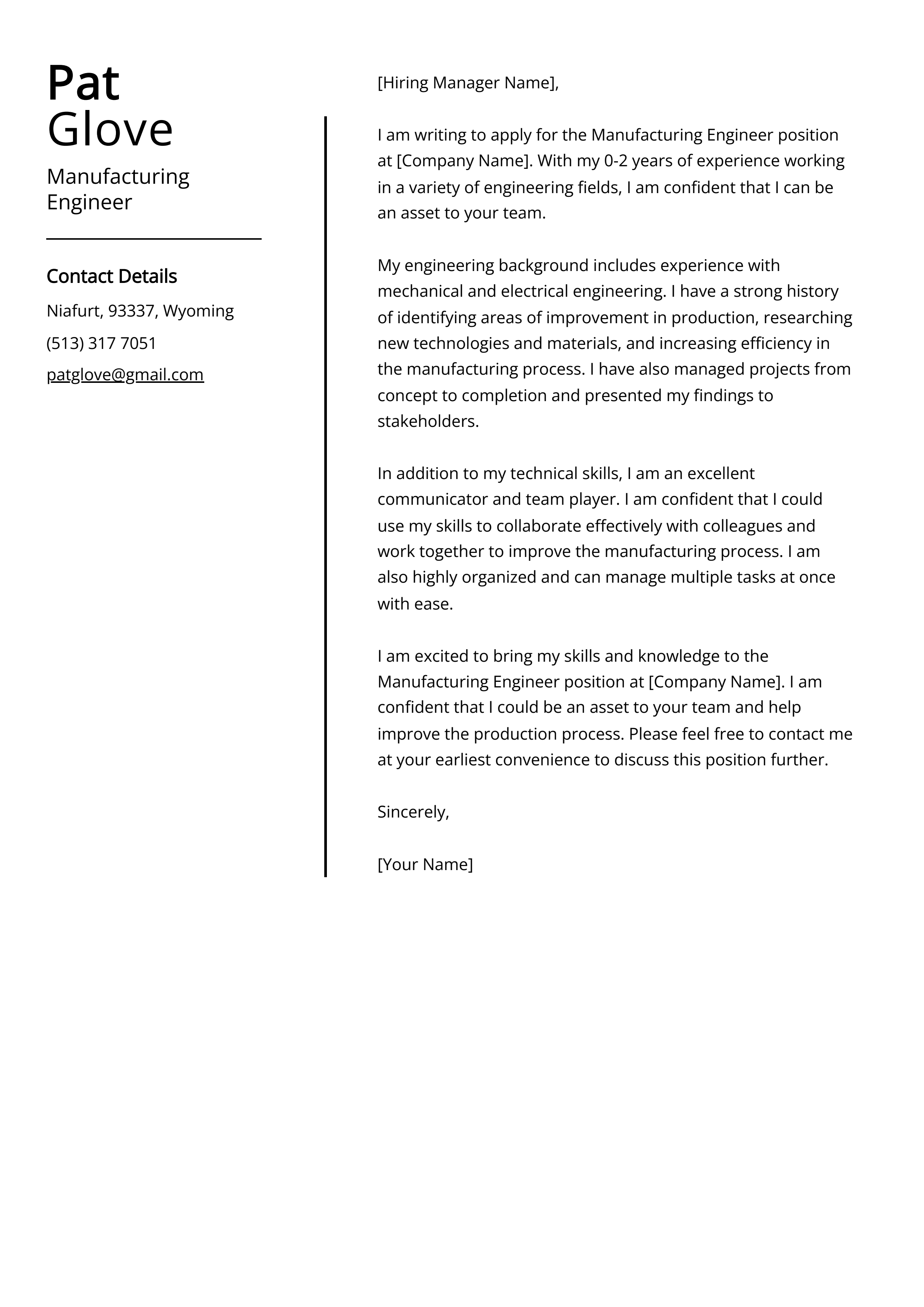 Manufacturing Engineer Cover Letter Example
