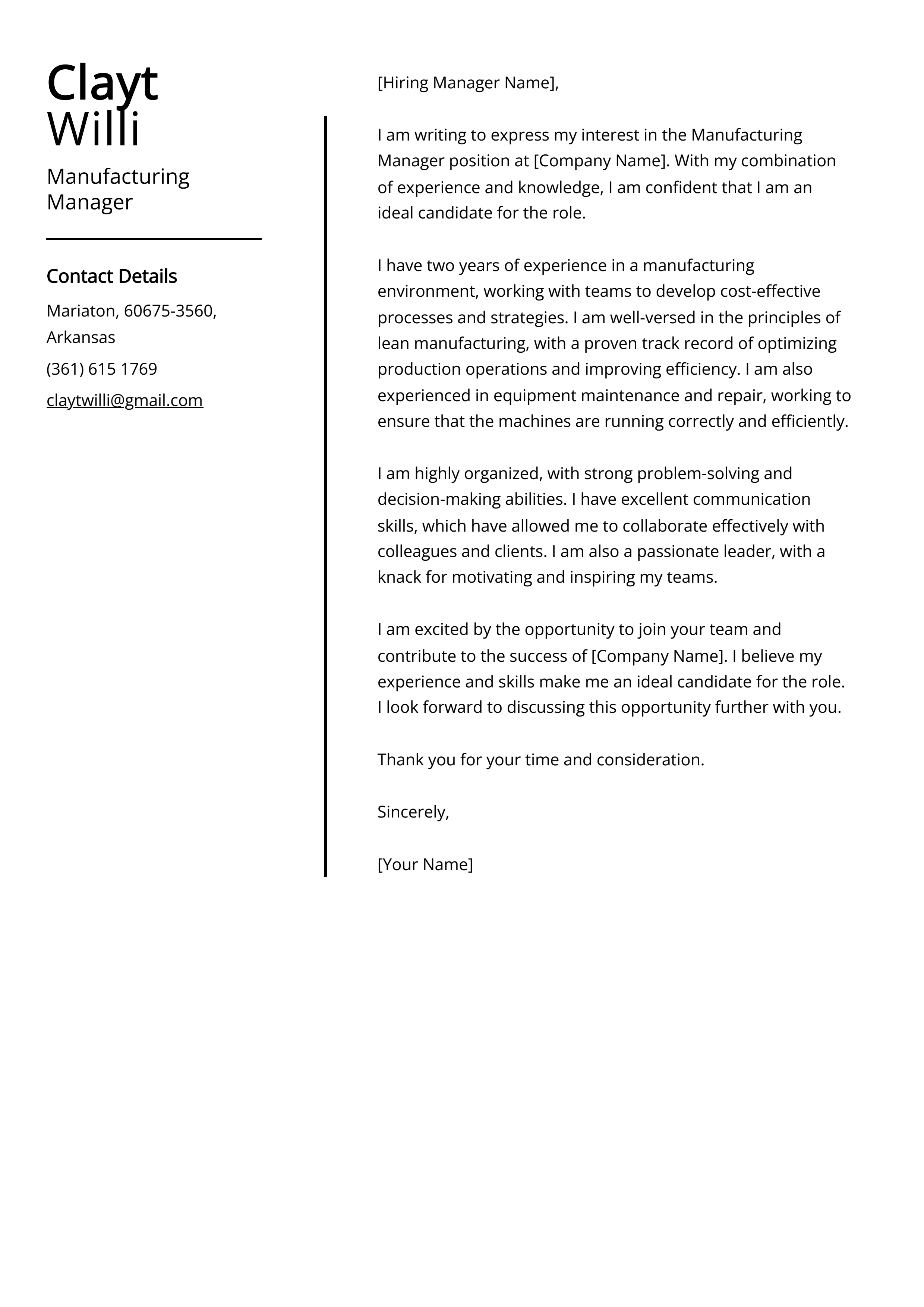 Manufacturing Manager Cover Letter Example