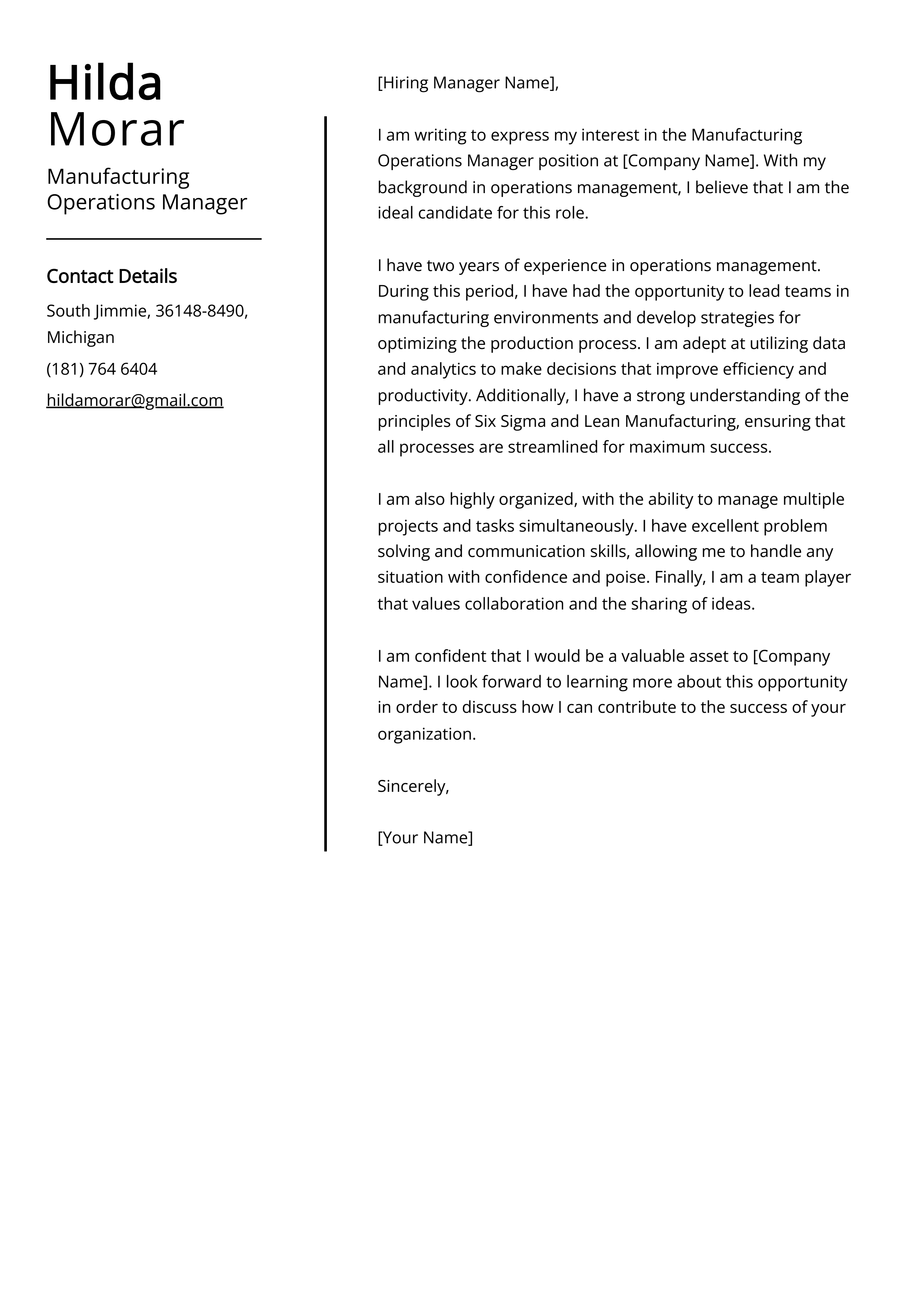 Manufacturing Operations Manager Cover Letter Example