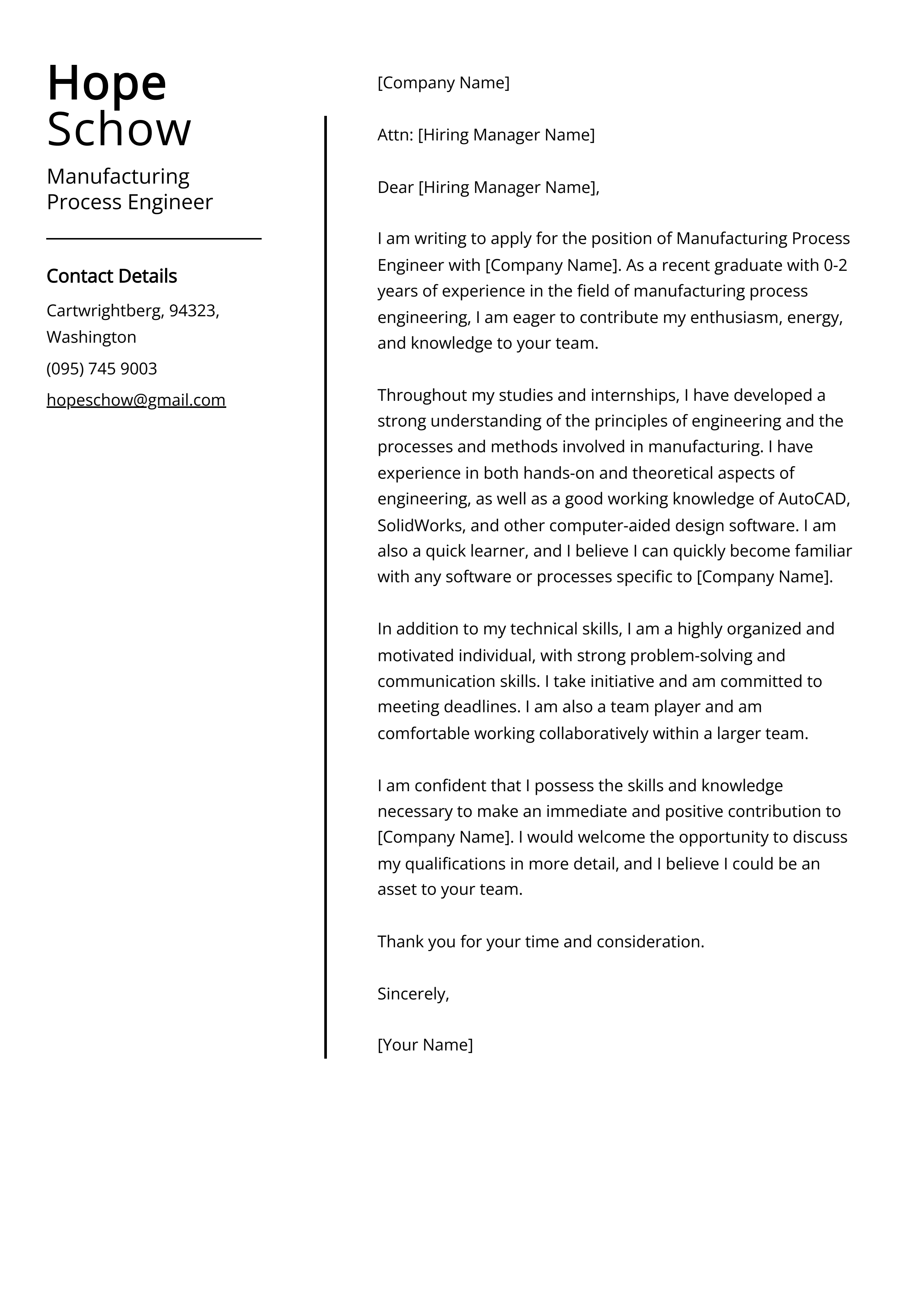 Manufacturing Process Engineer Cover Letter Example