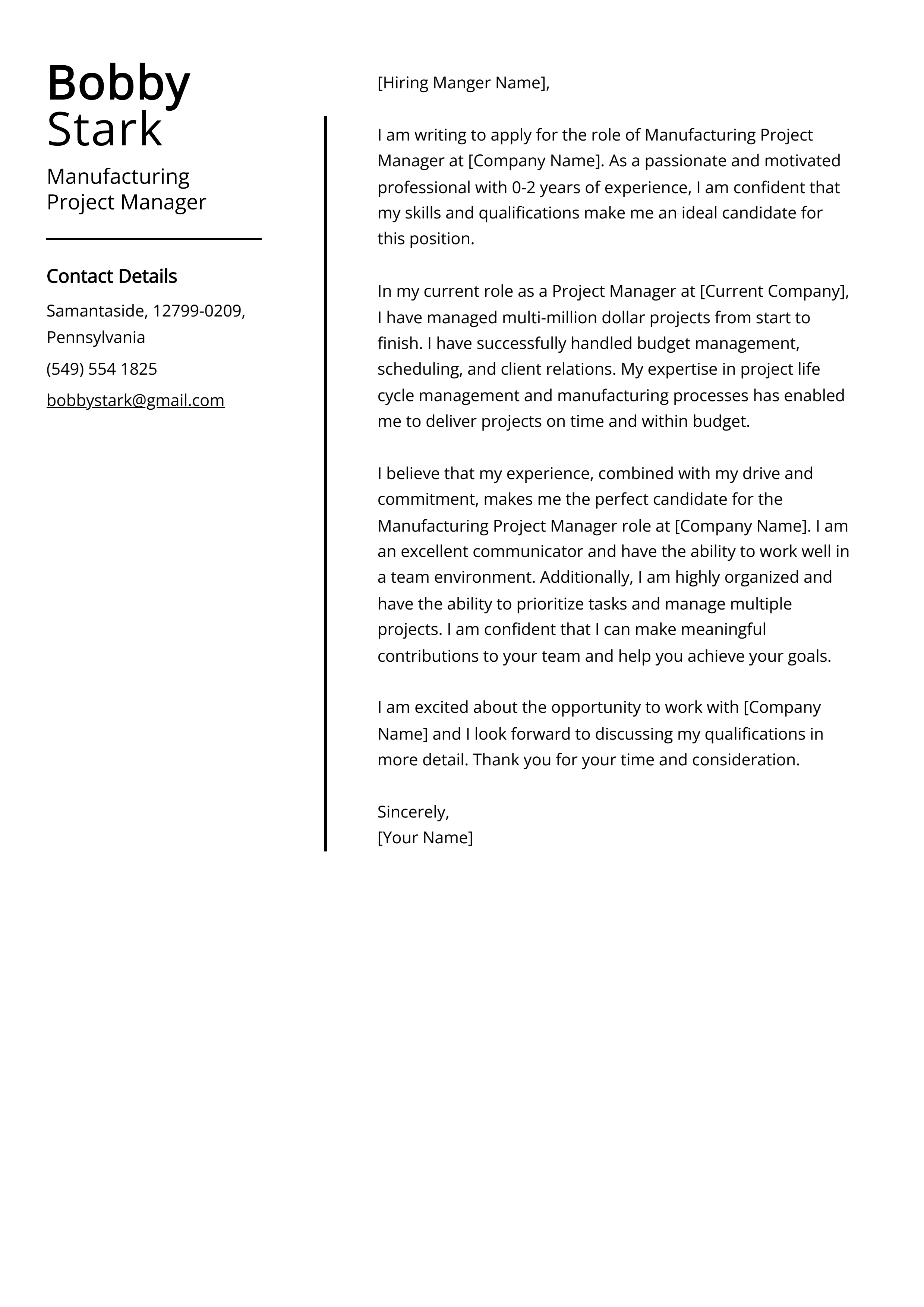 Manufacturing Project Manager Cover Letter Example