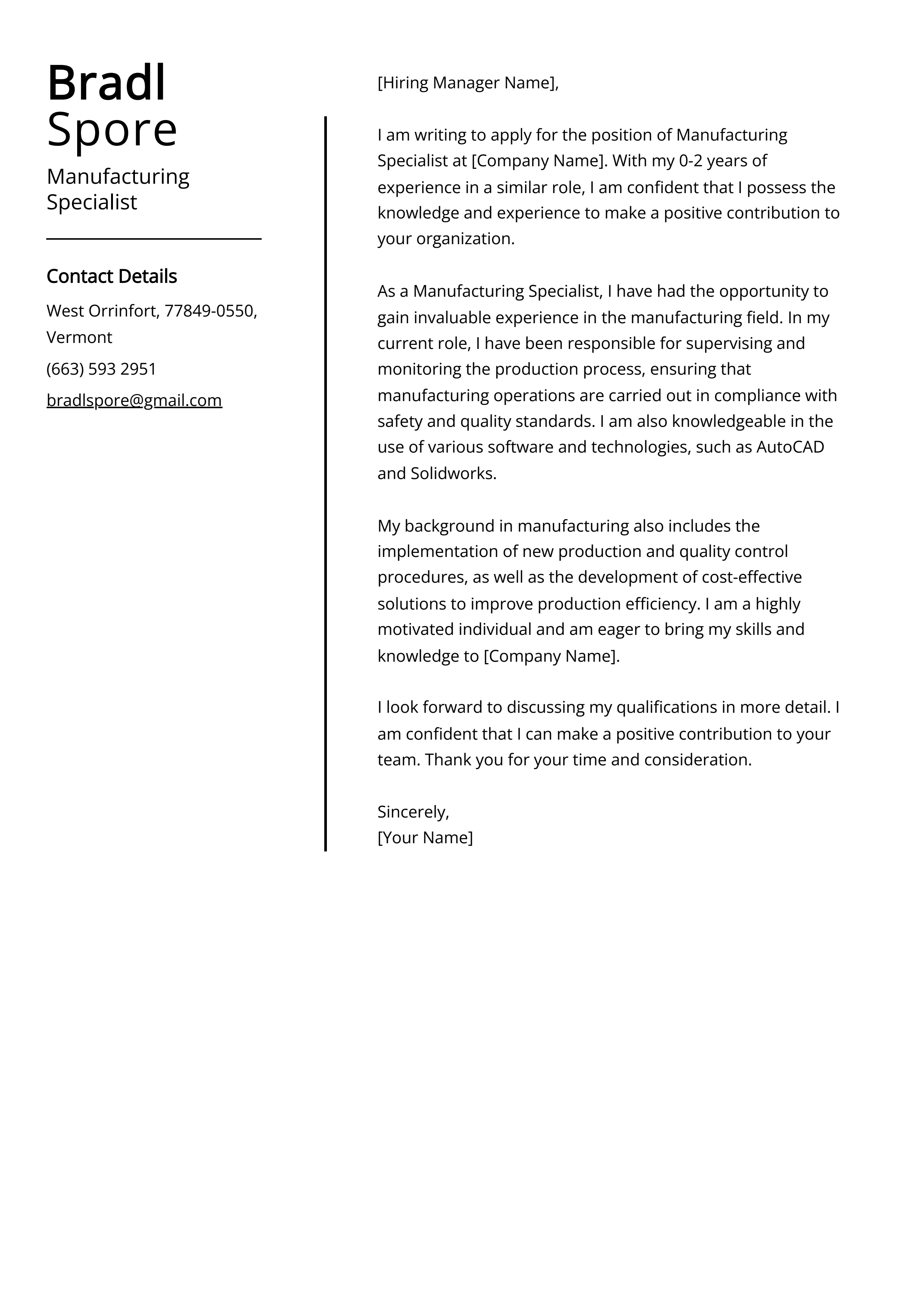 Manufacturing Specialist Cover Letter Example