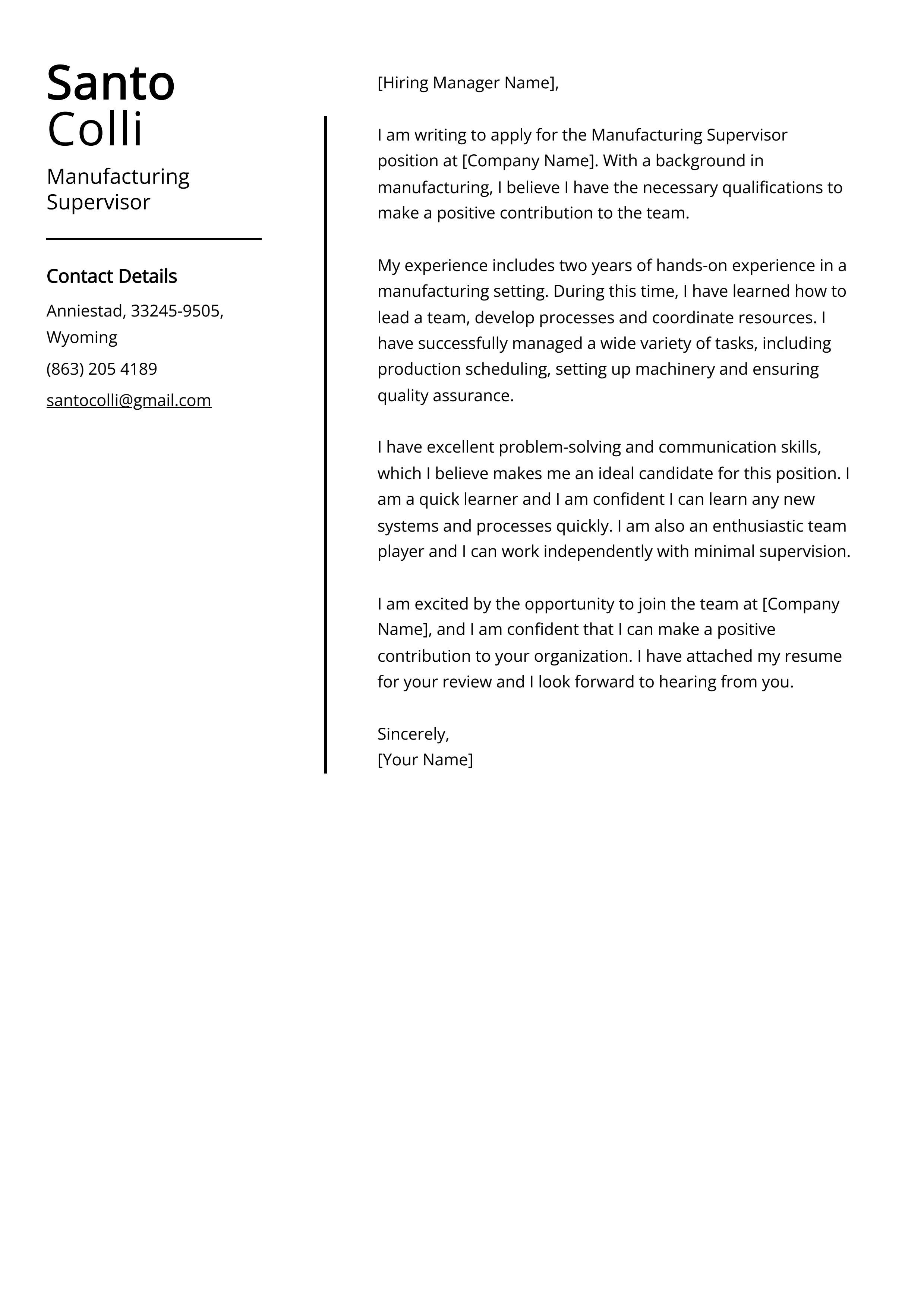 Manufacturing Supervisor Cover Letter Example