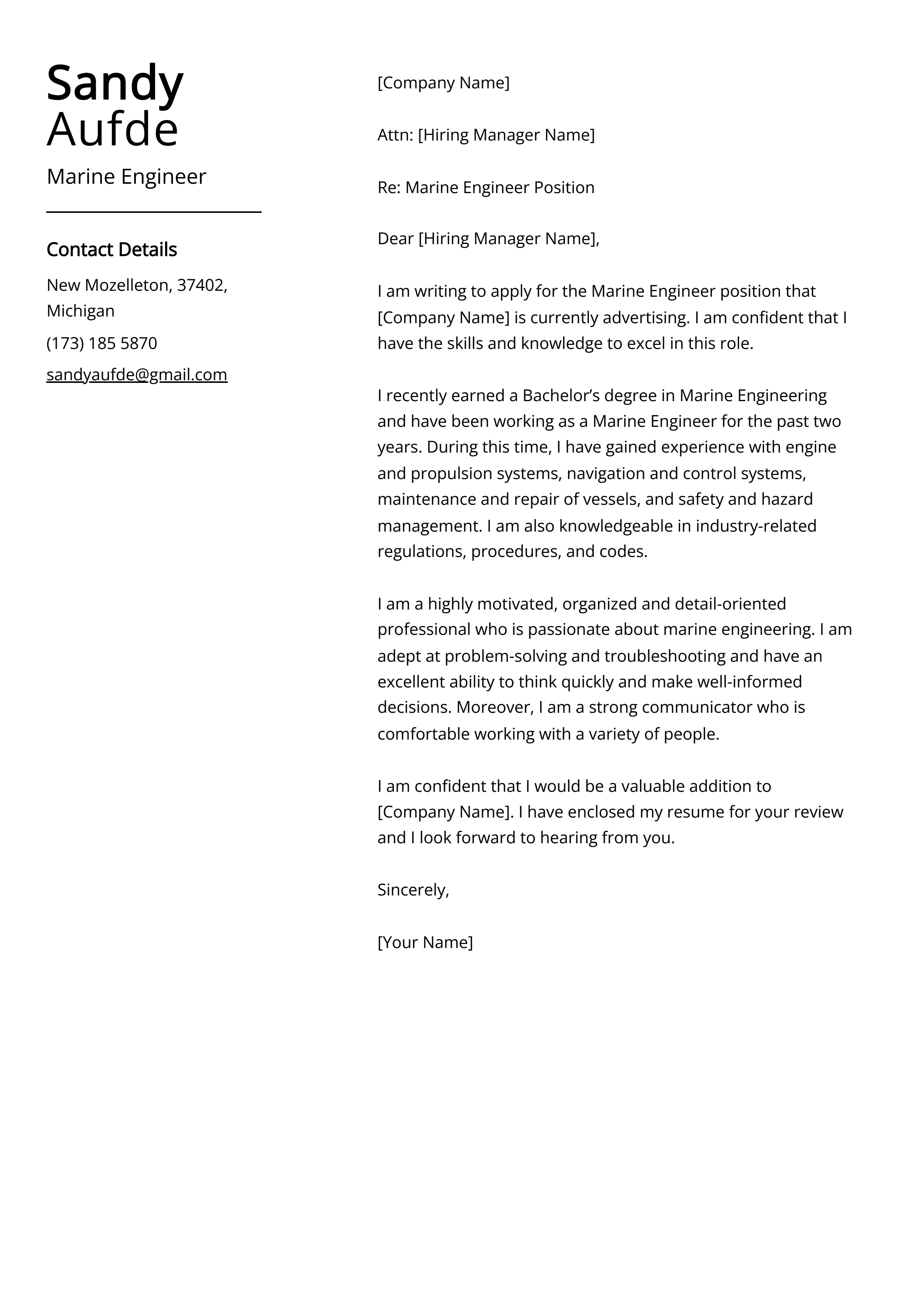 Marine Engineer Cover Letter Example