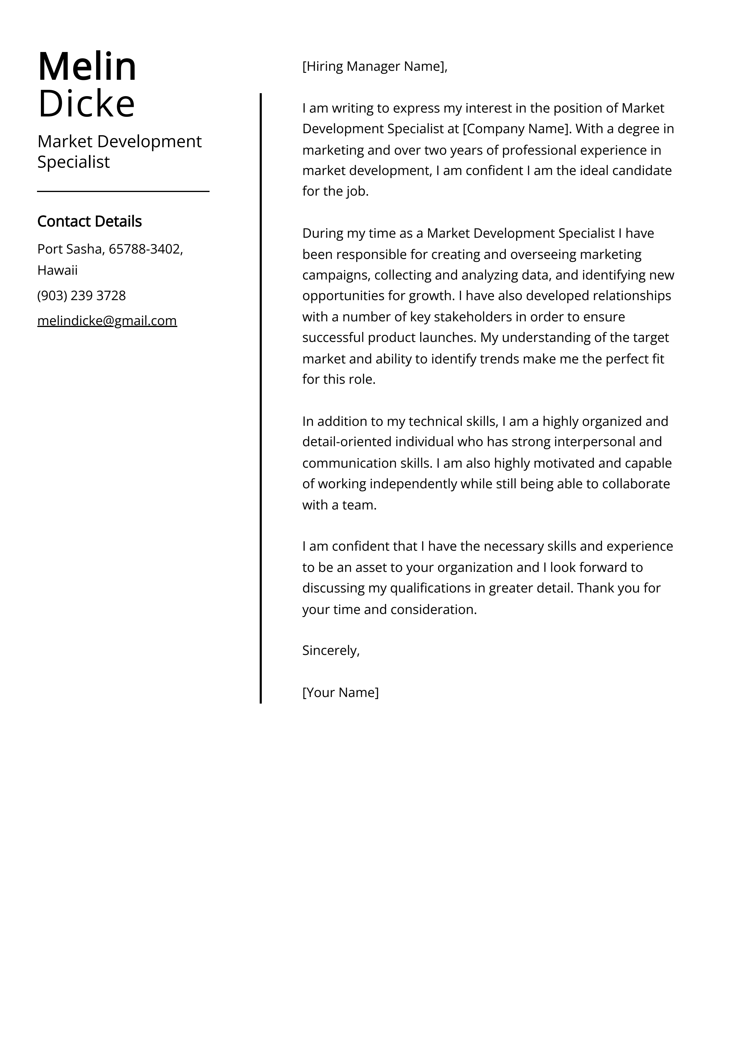 Market Development Specialist Cover Letter Example