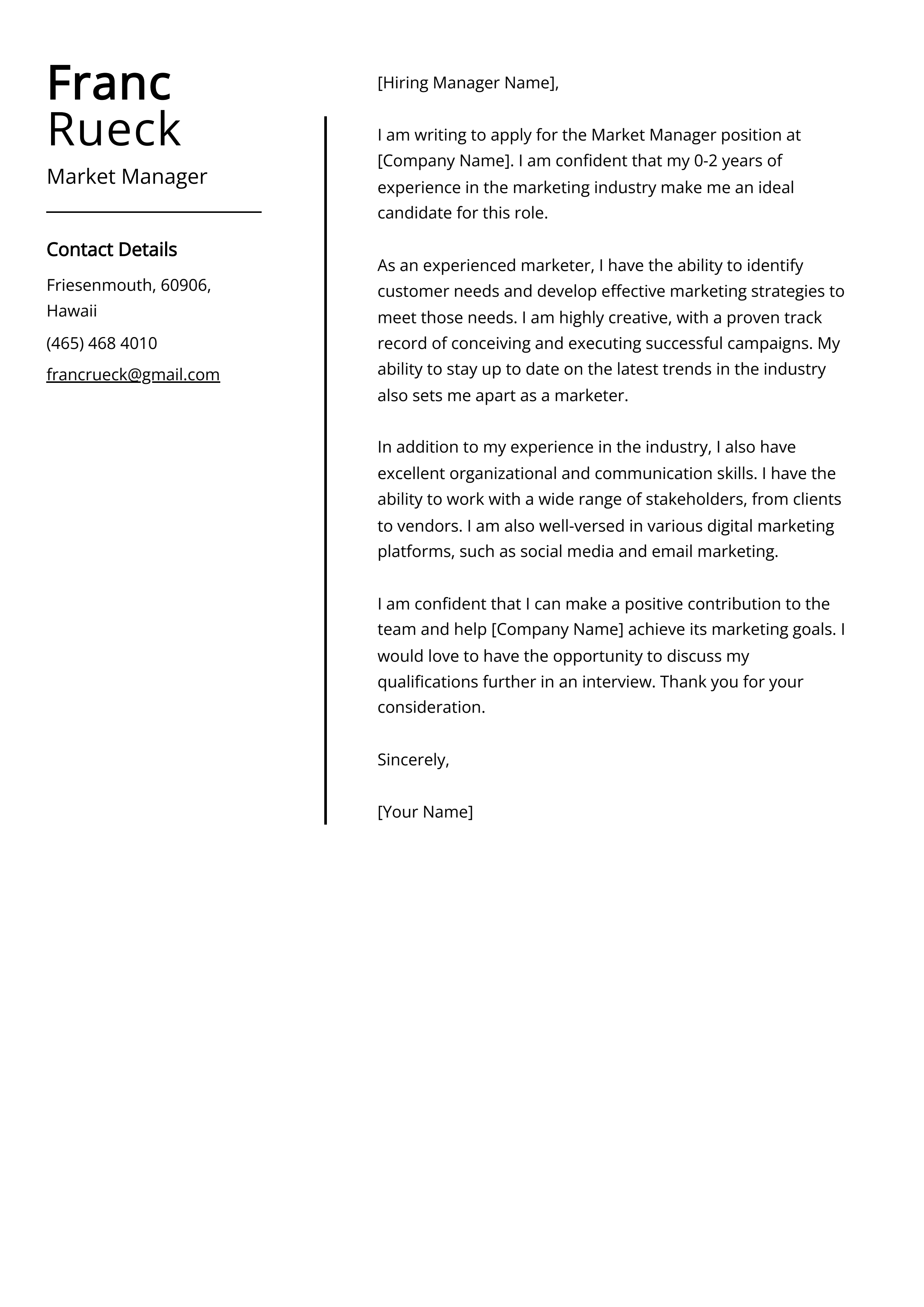 Market Manager Cover Letter Example