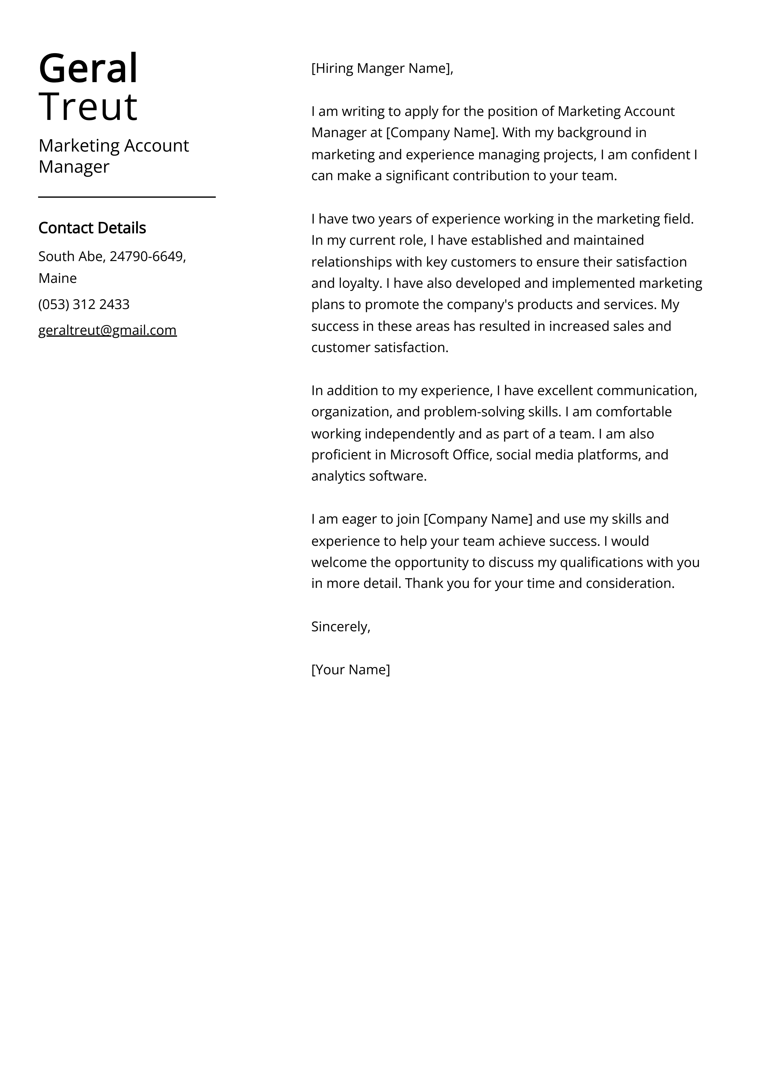 Marketing Account Manager Cover Letter Example