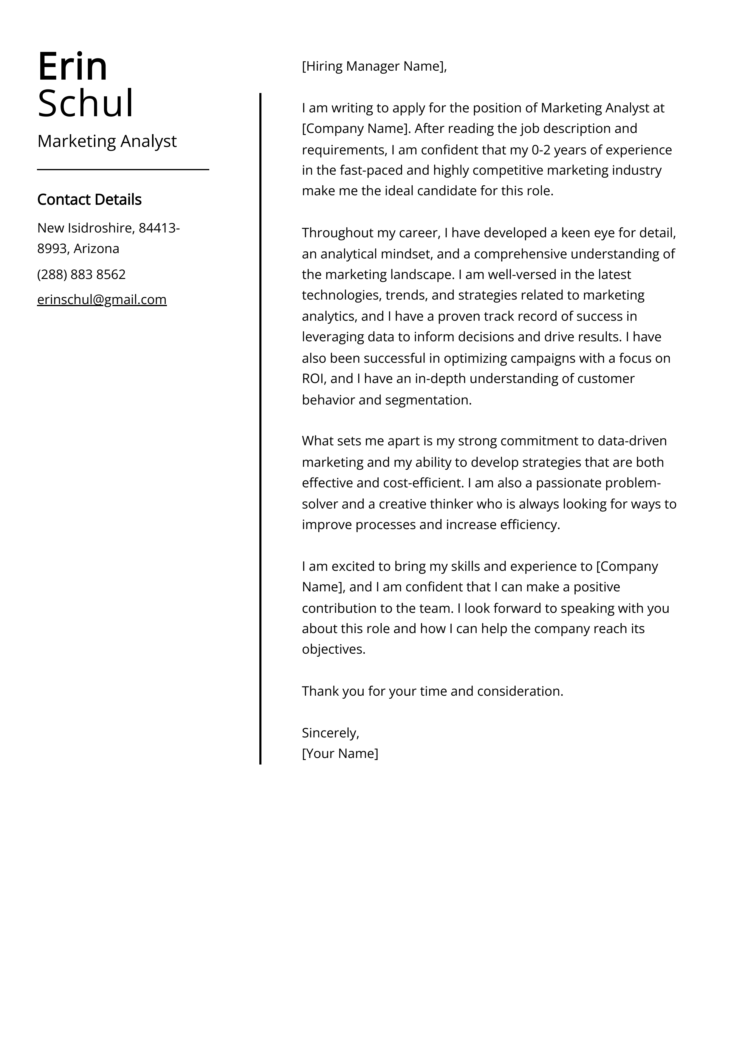 Marketing Analyst Cover Letter Example