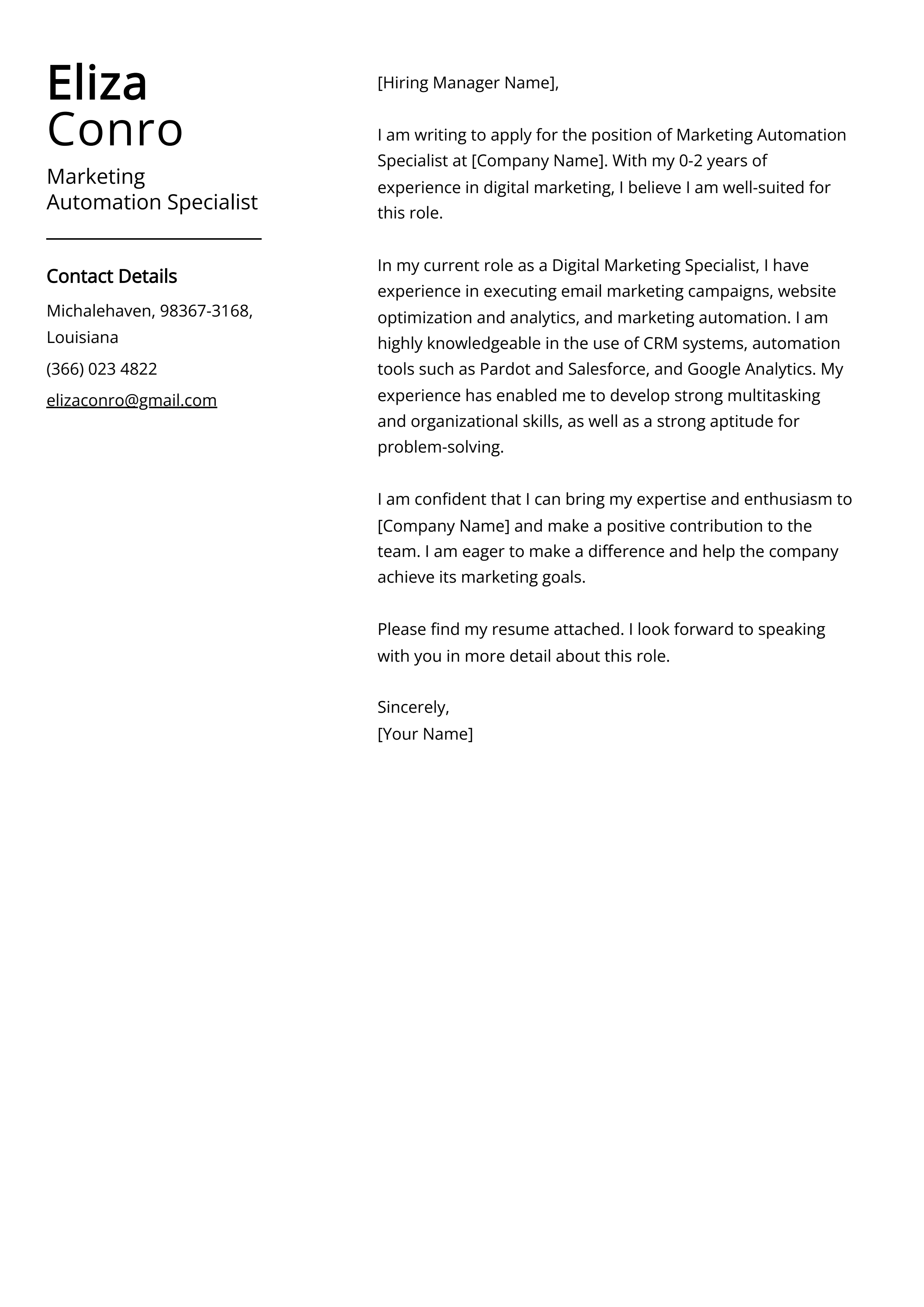 Marketing Automation Specialist Cover Letter Example