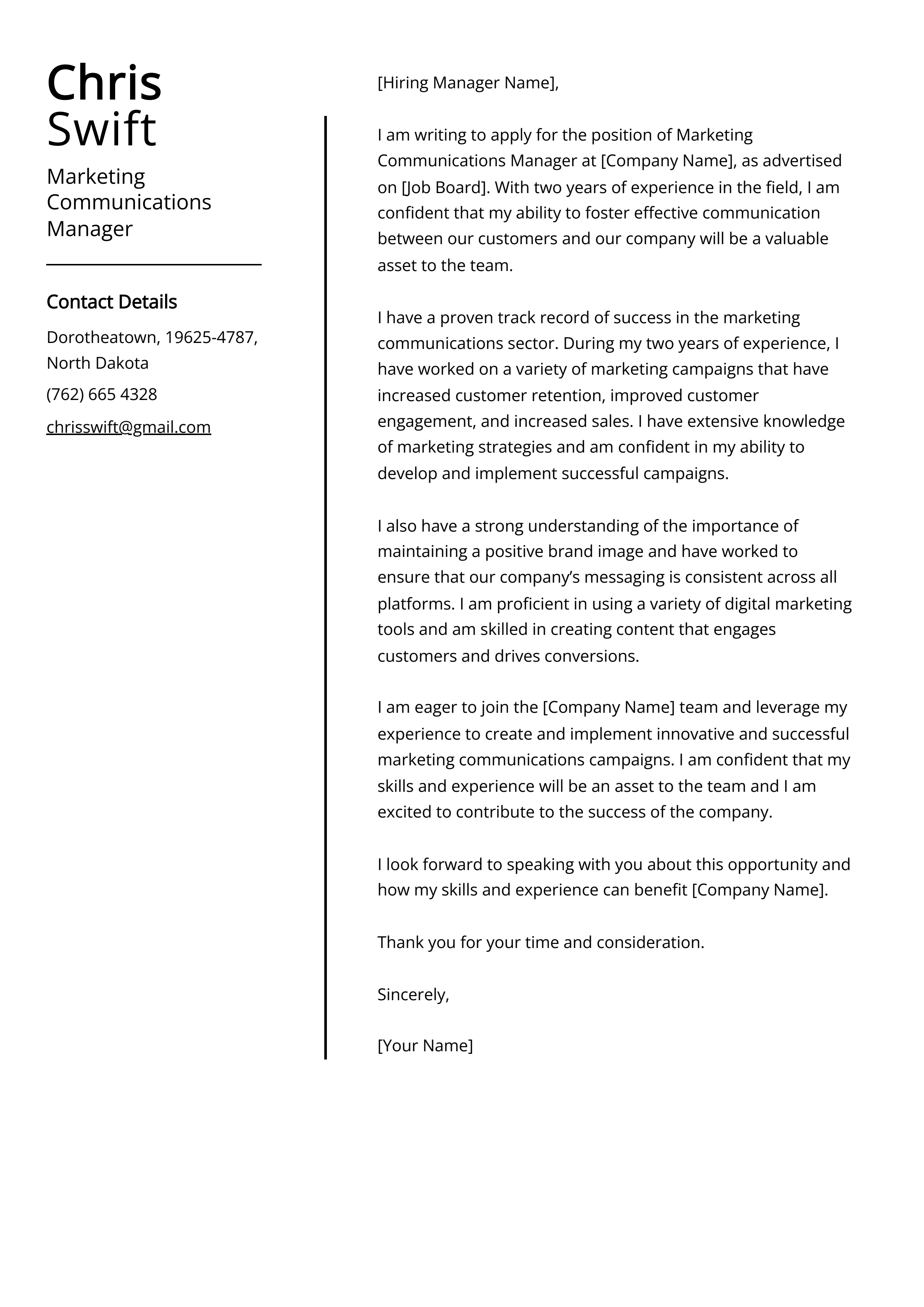 Marketing Communications Manager Cover Letter Example