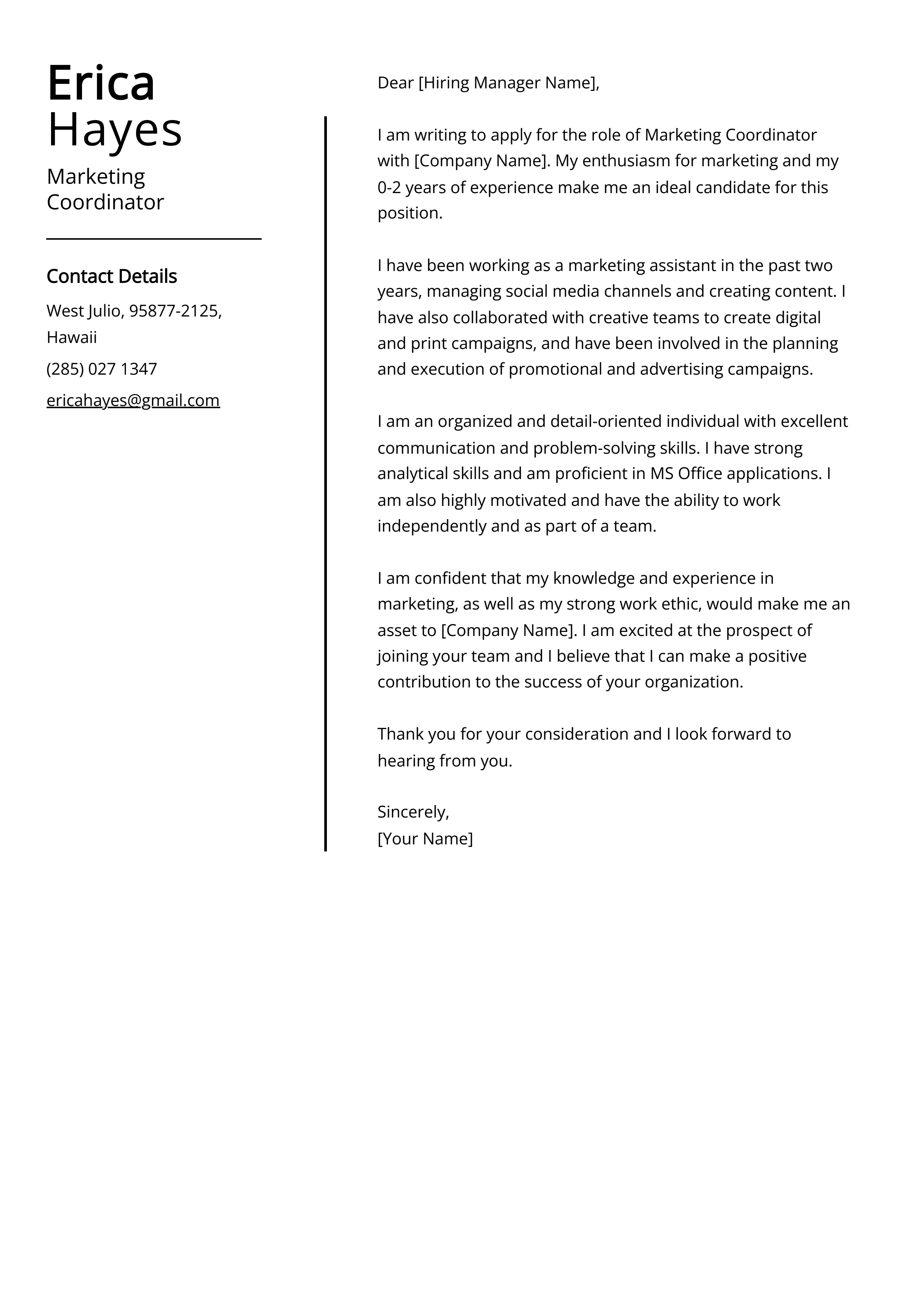 Marketing Coordinator Cover Letter Example