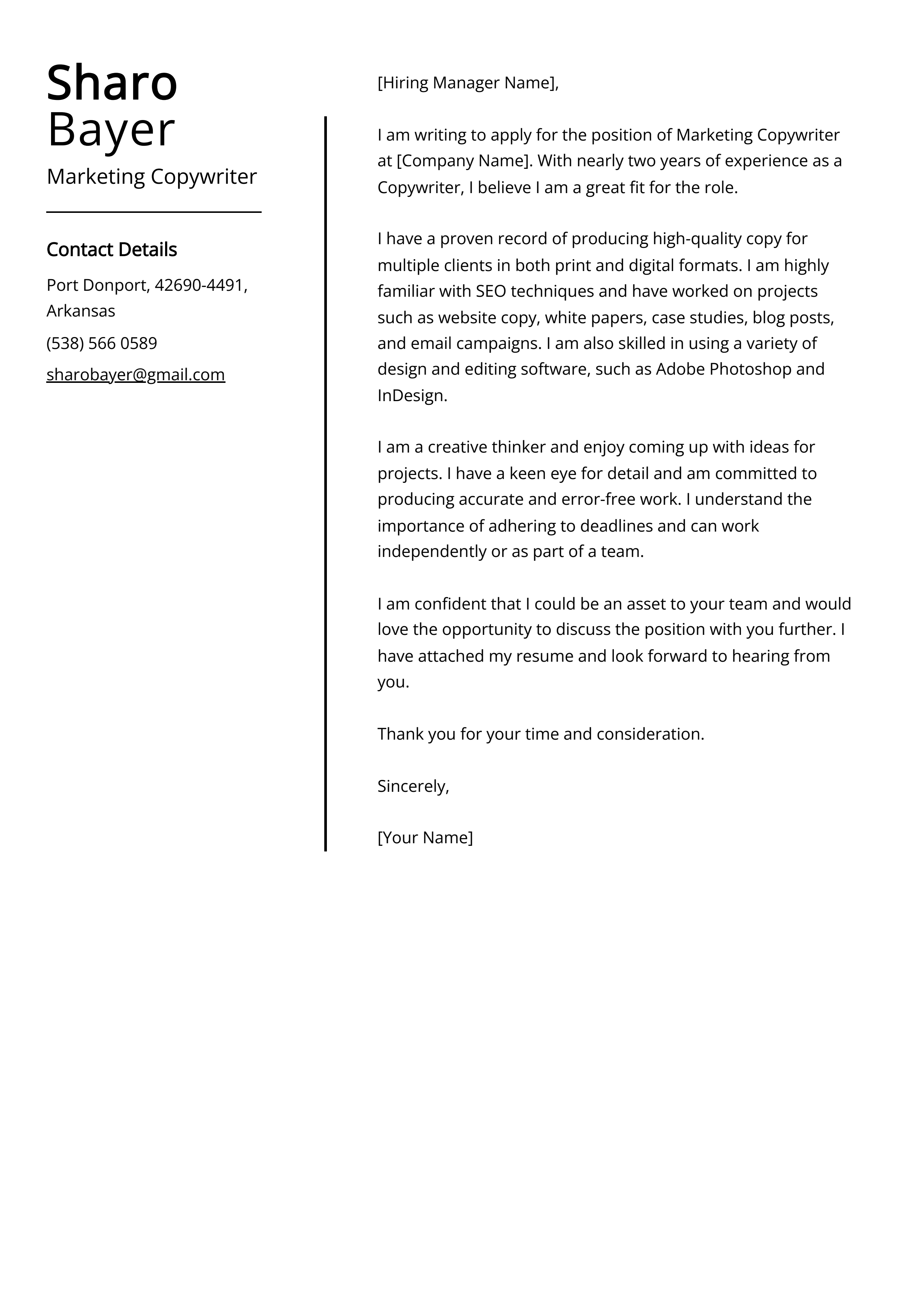 Marketing Copywriter Cover Letter Example