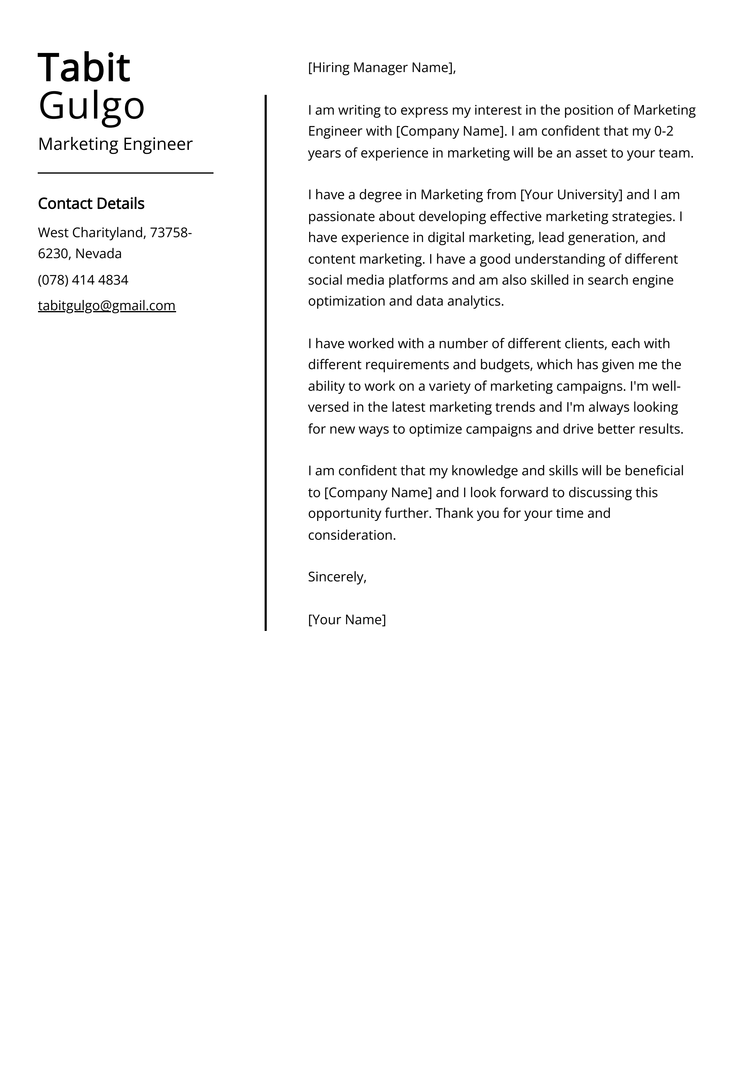 Marketing Engineer Cover Letter Example