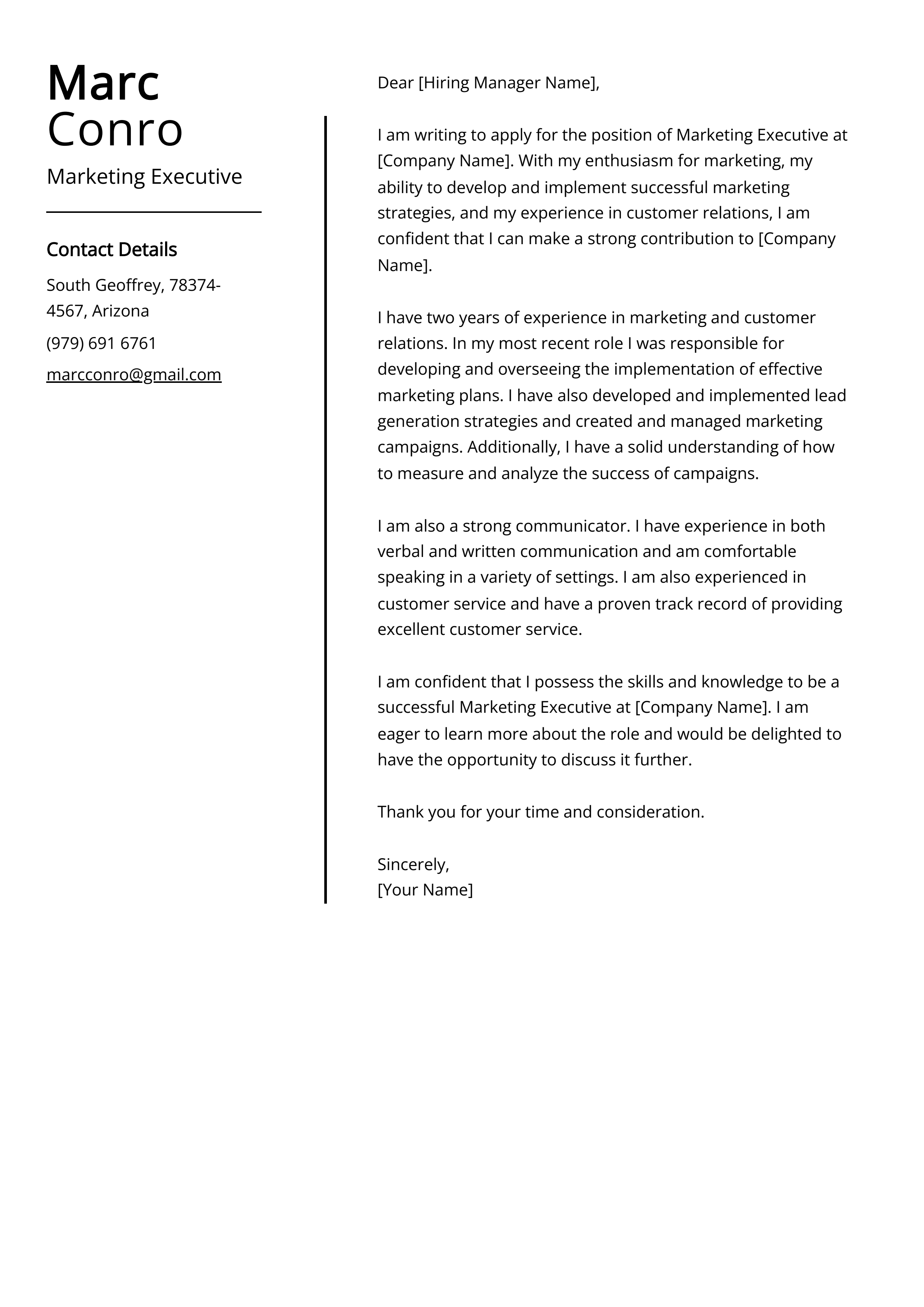 Marketing Executive Cover Letter Example