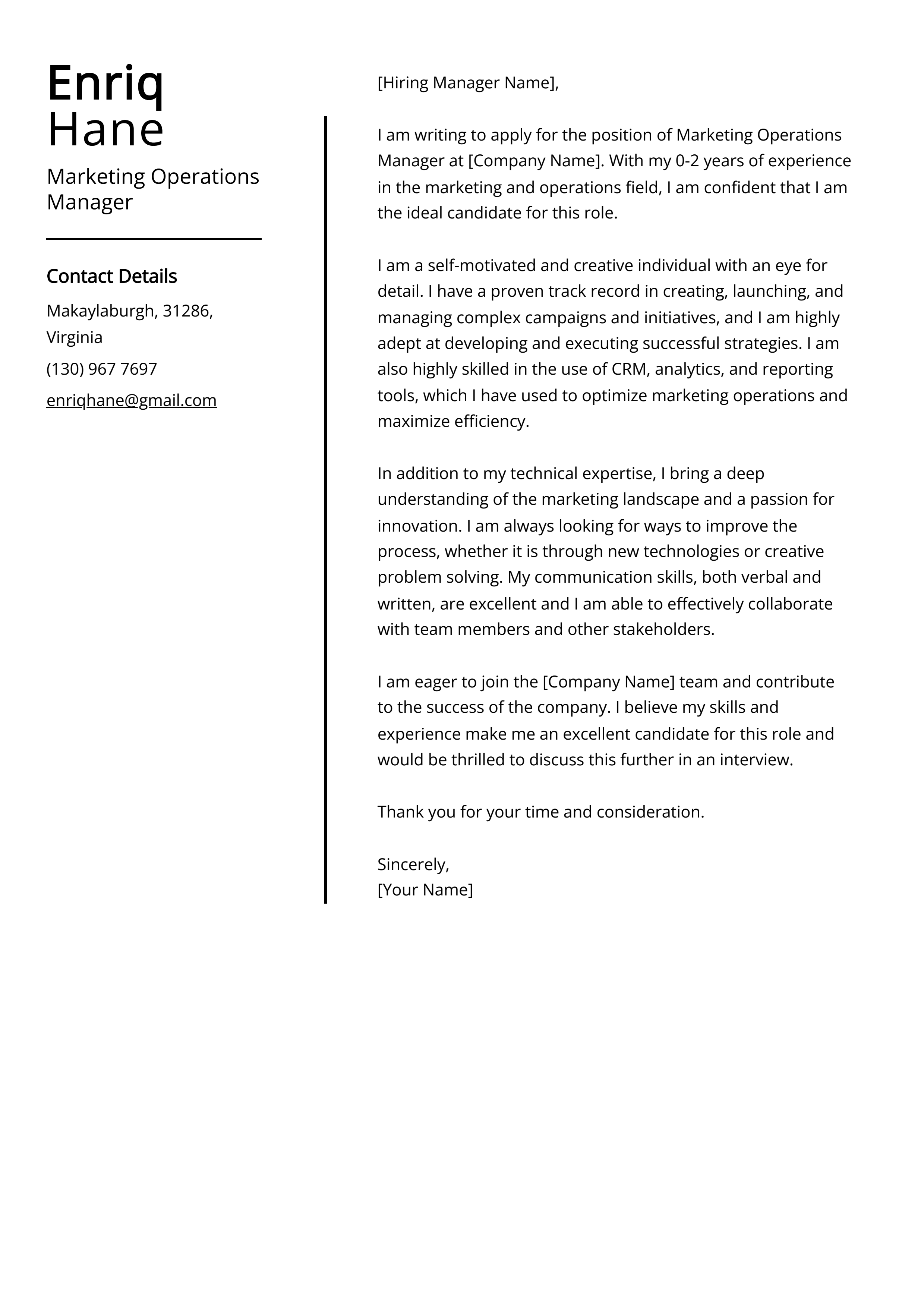 Marketing Operations Manager Cover Letter Example
