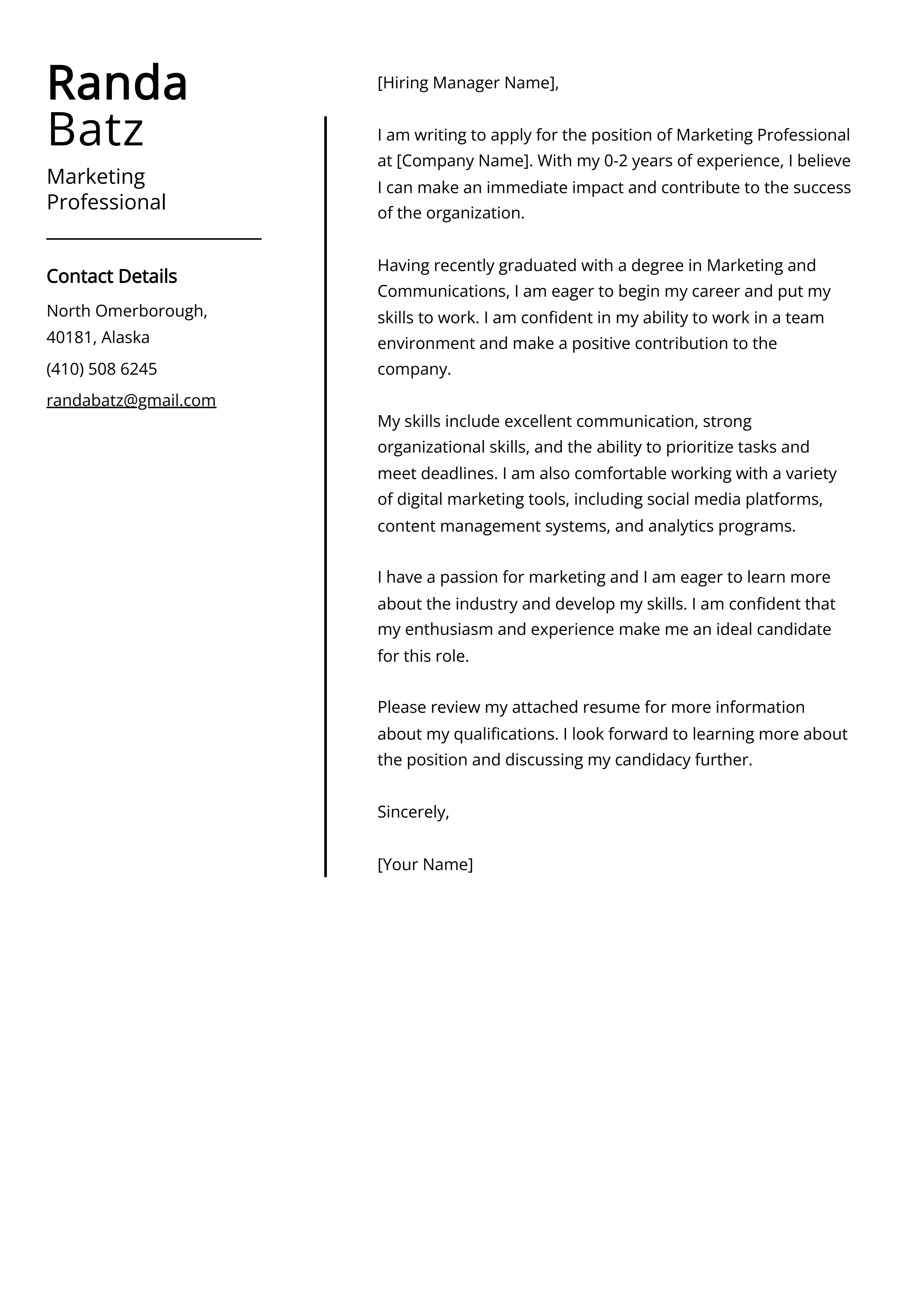 Marketing Professional Cover Letter Example