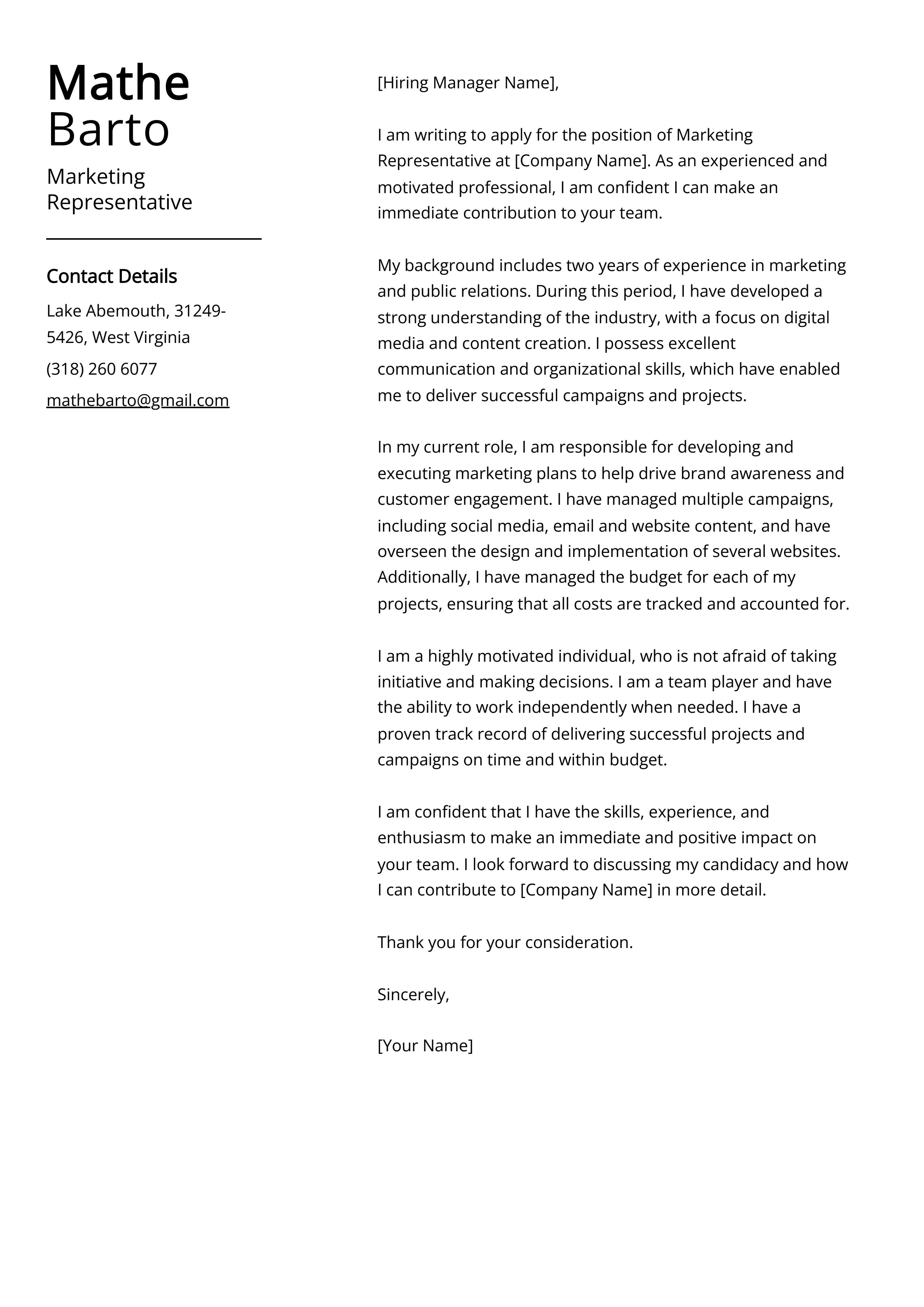 Marketing Representative Cover Letter Example