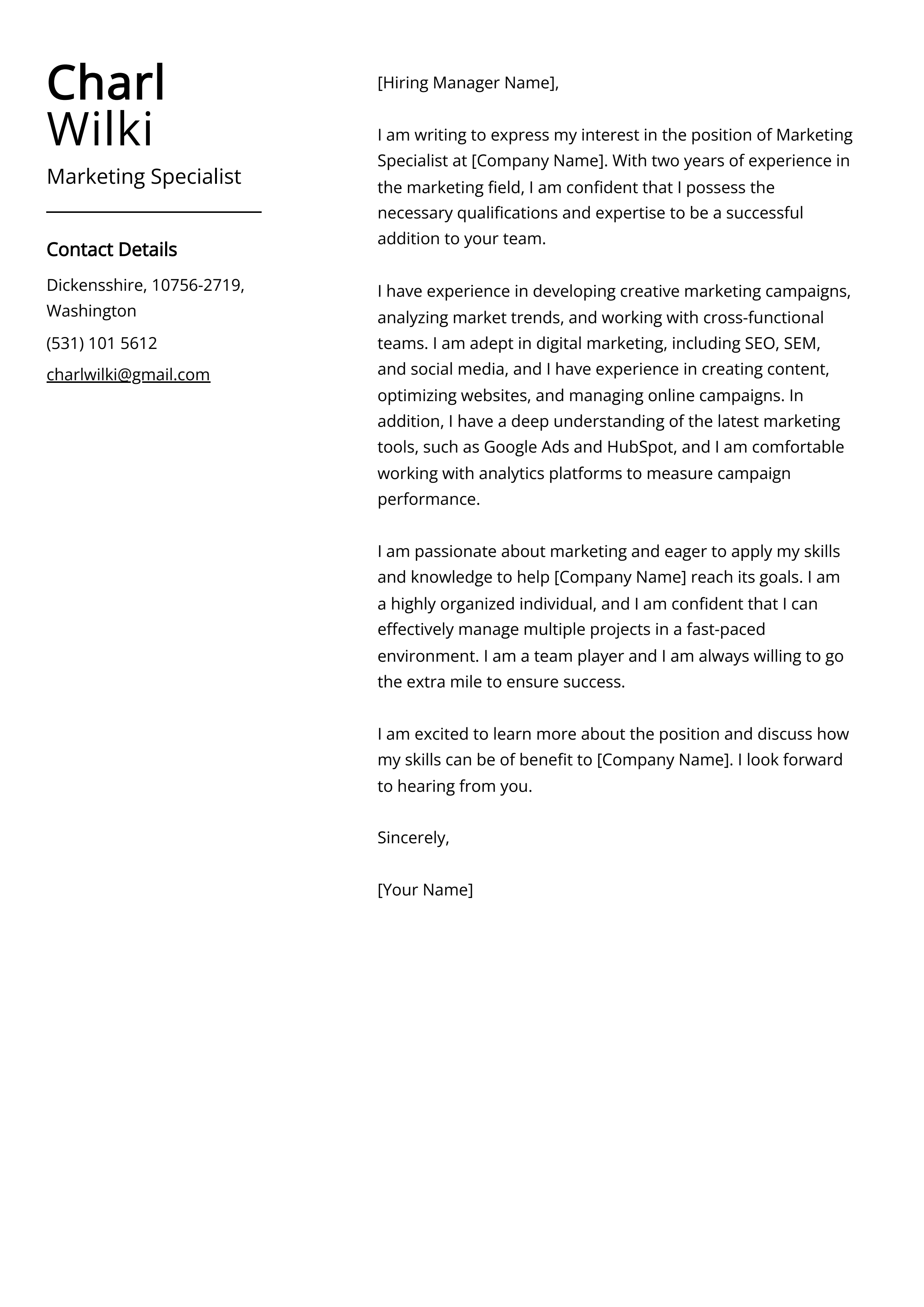 Marketing Specialist Cover Letter Example