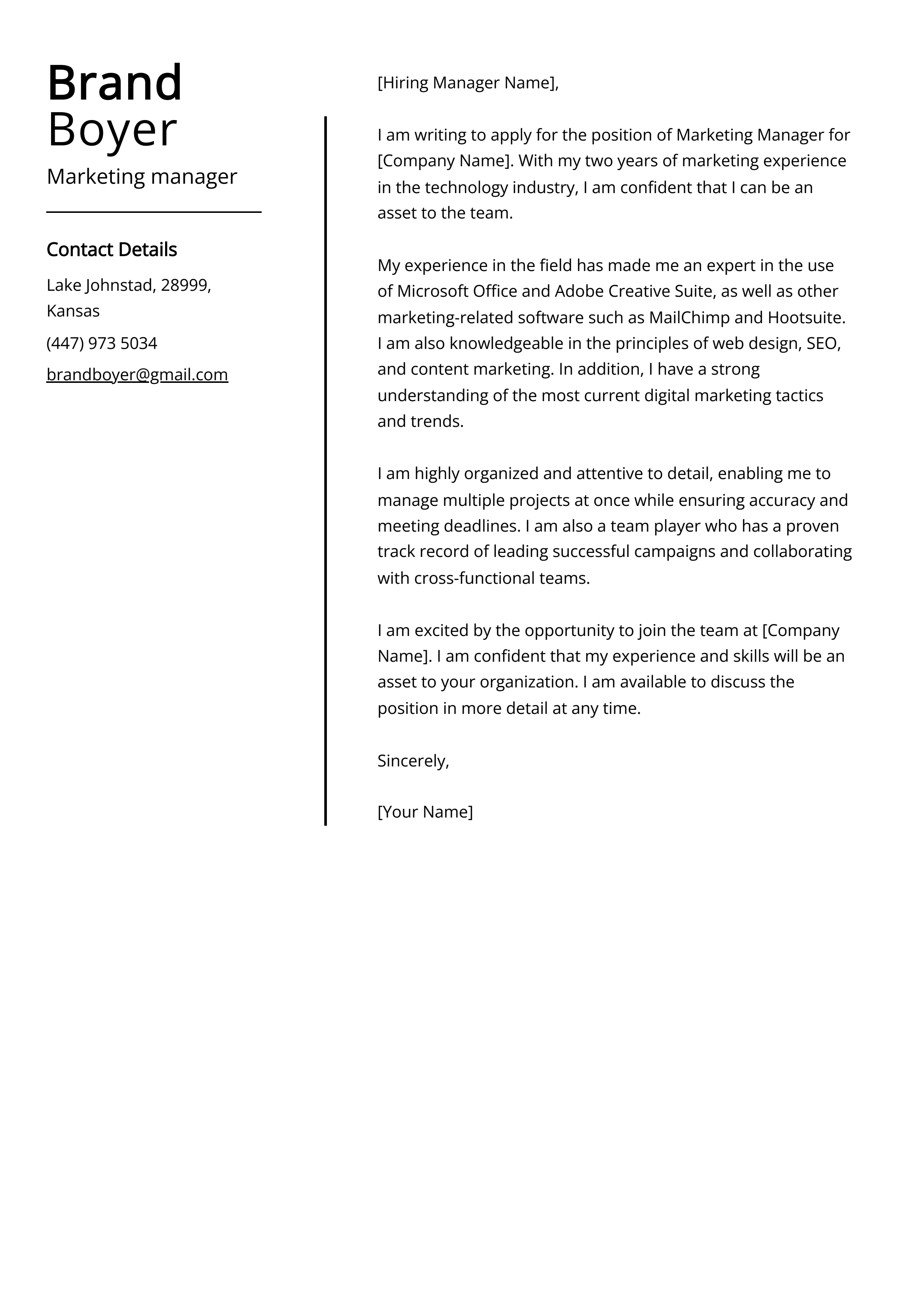 Marketing manager Cover Letter Example