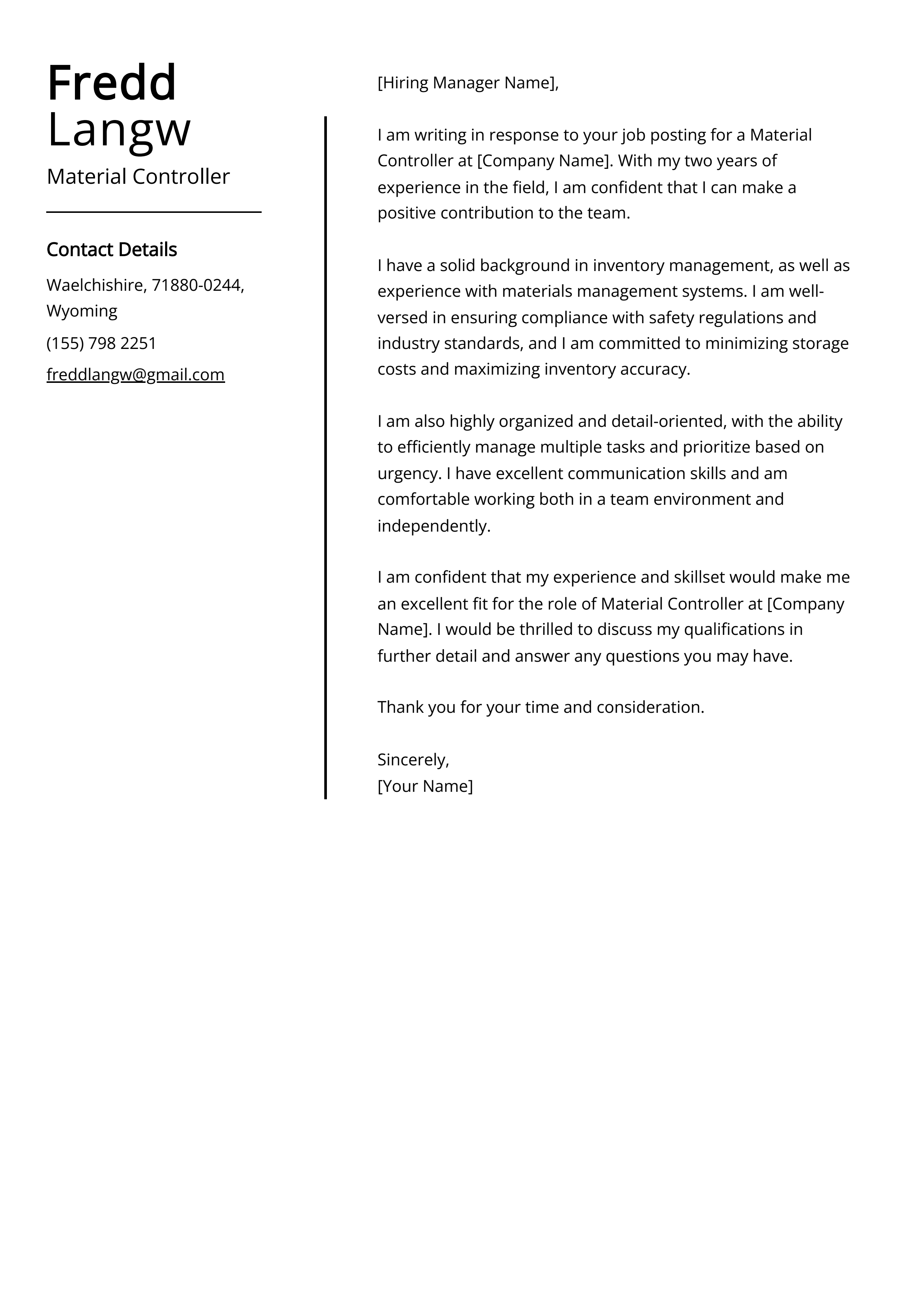 Material Controller Cover Letter Example