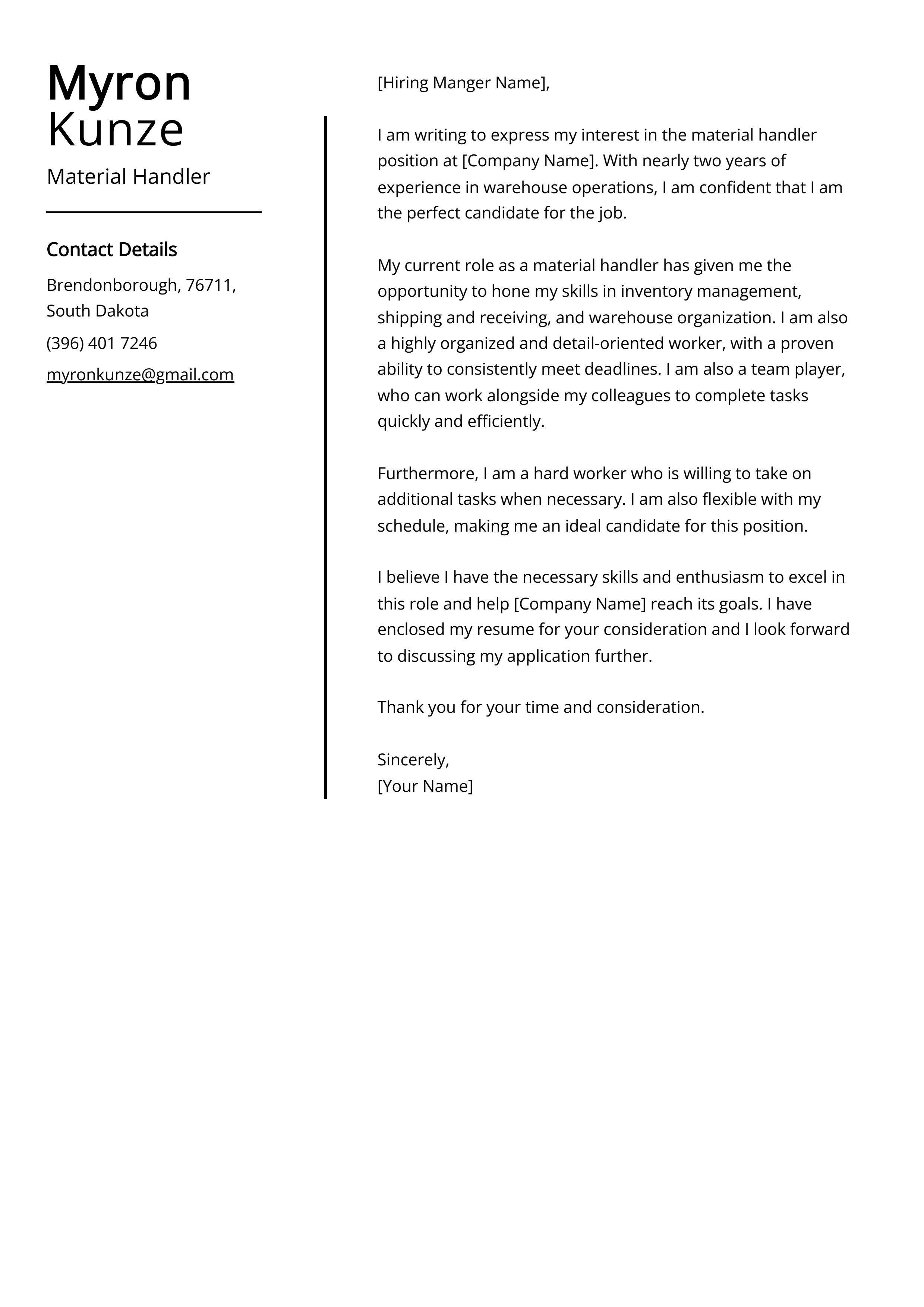 Material Handler Cover Letter Example