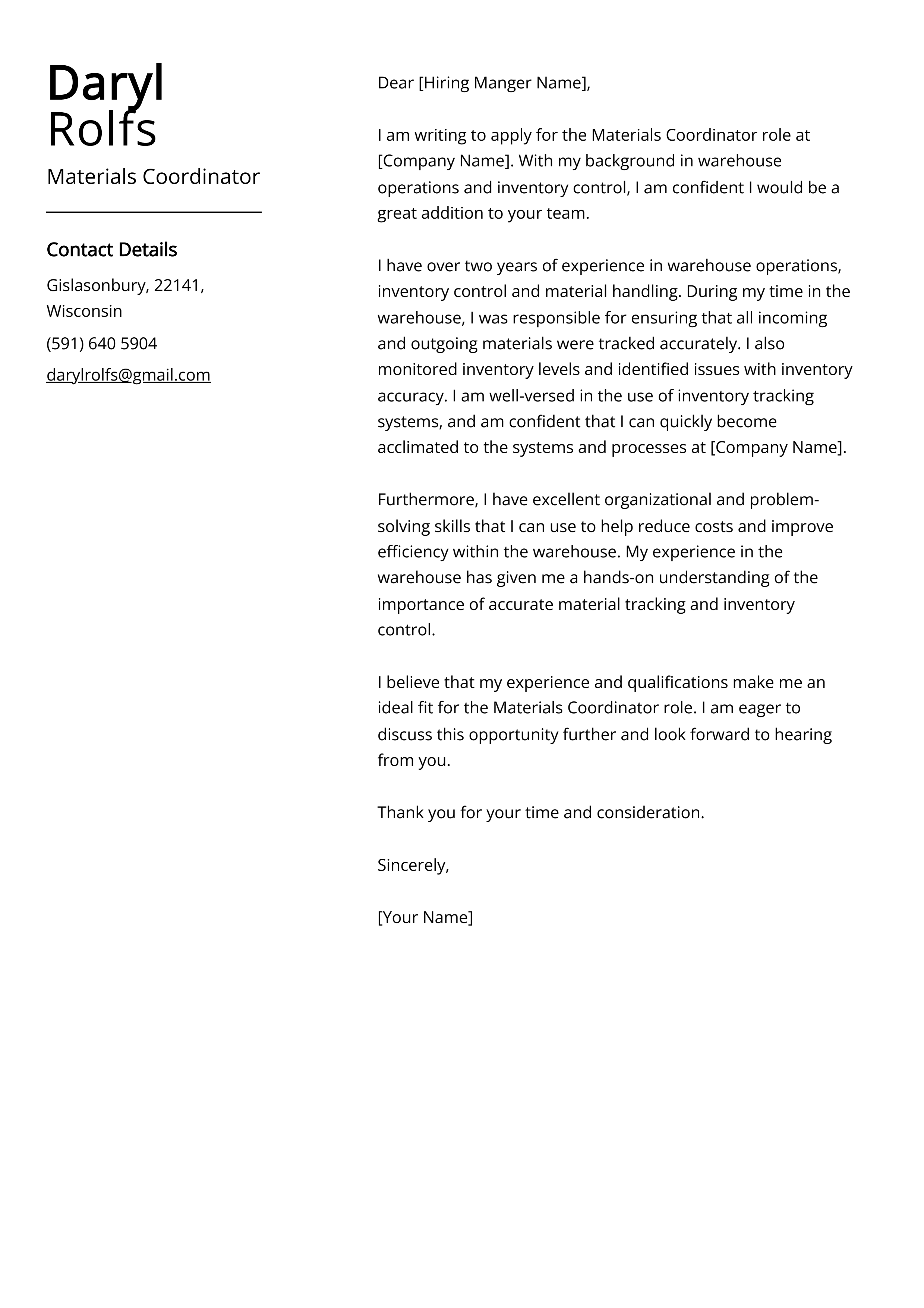 Materials Coordinator Cover Letter Example