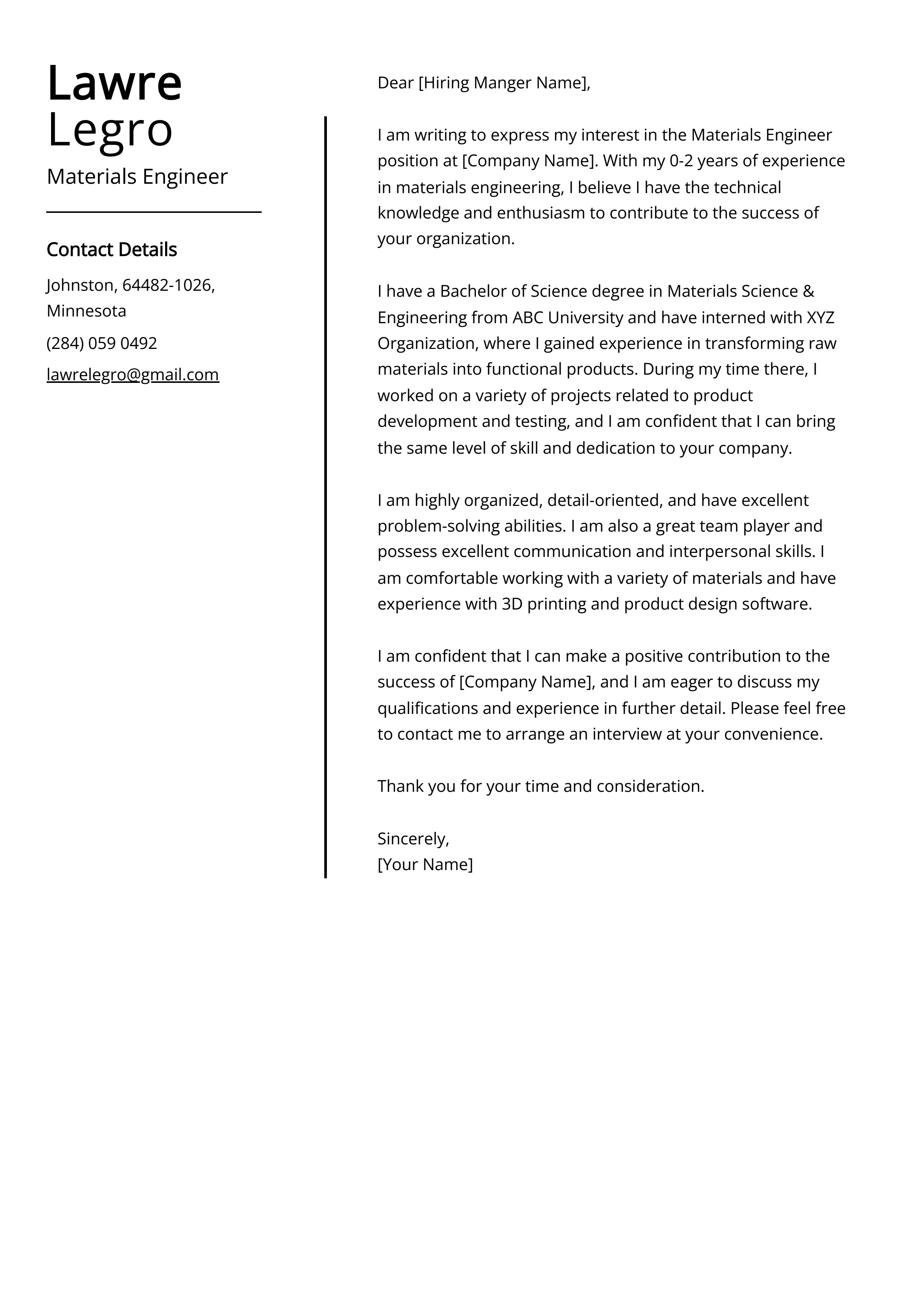 Materials Engineer Cover Letter Example