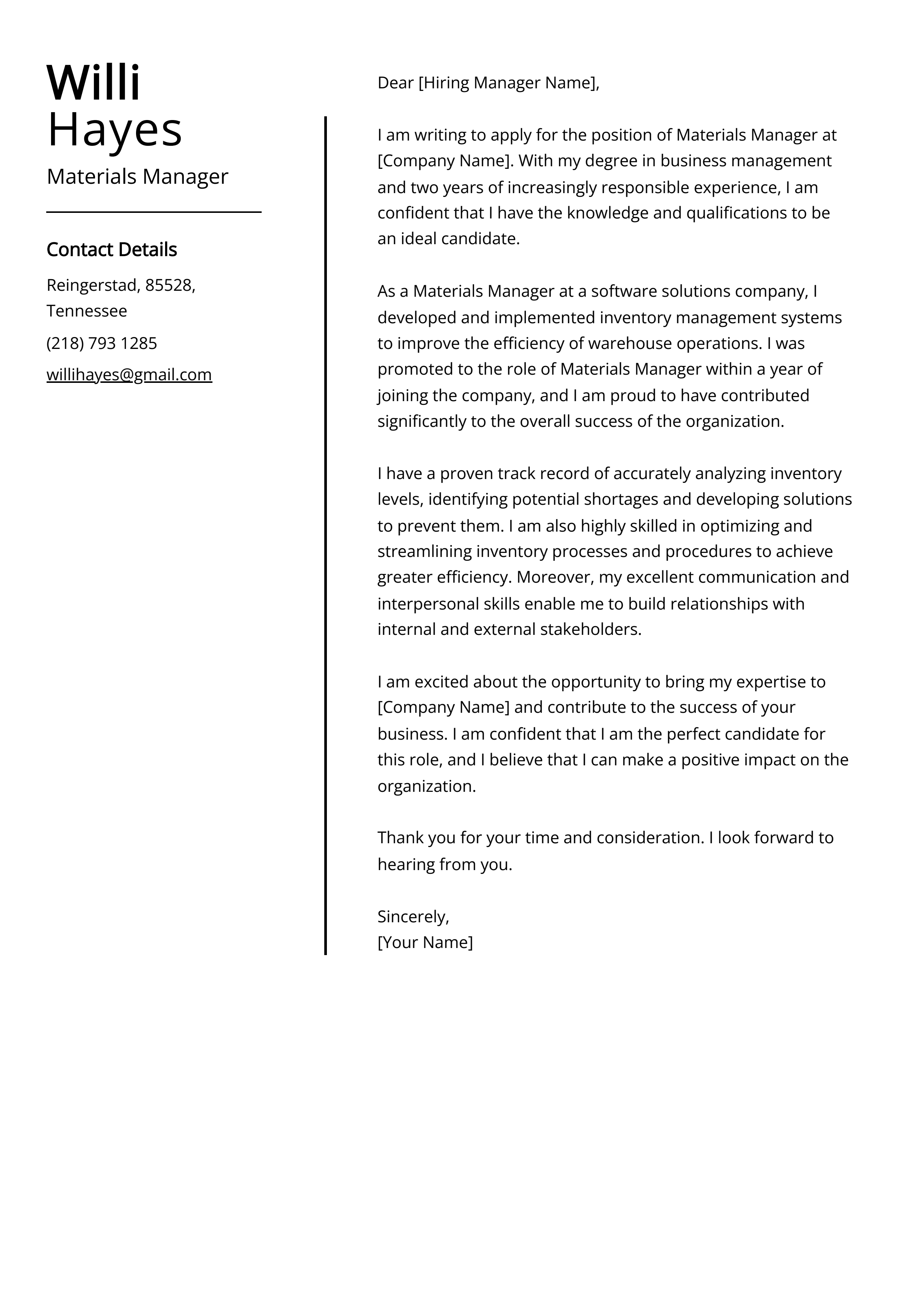Materials Manager Cover Letter Example
