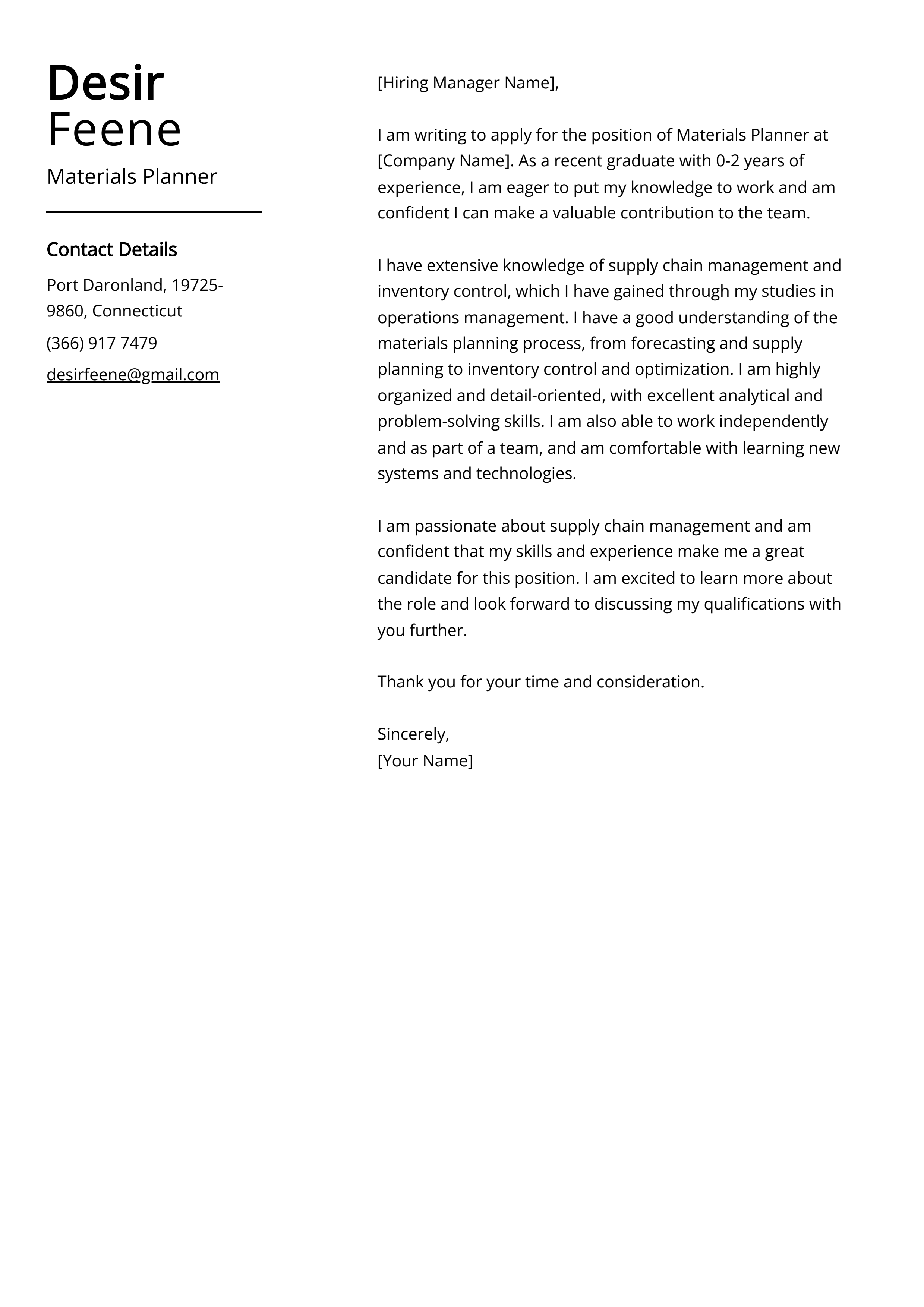 Materials Planner Cover Letter Example