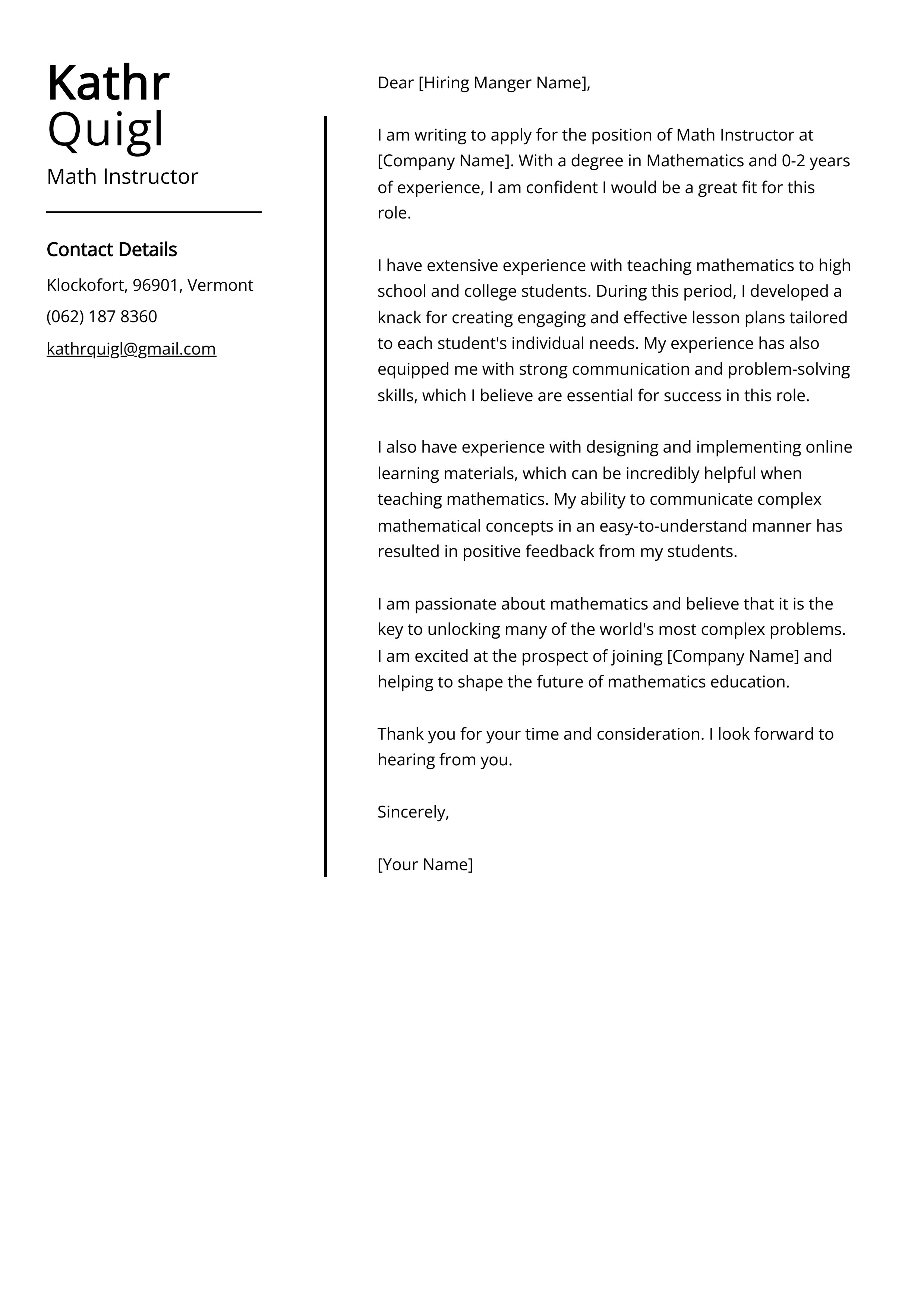 Math Instructor Cover Letter Example