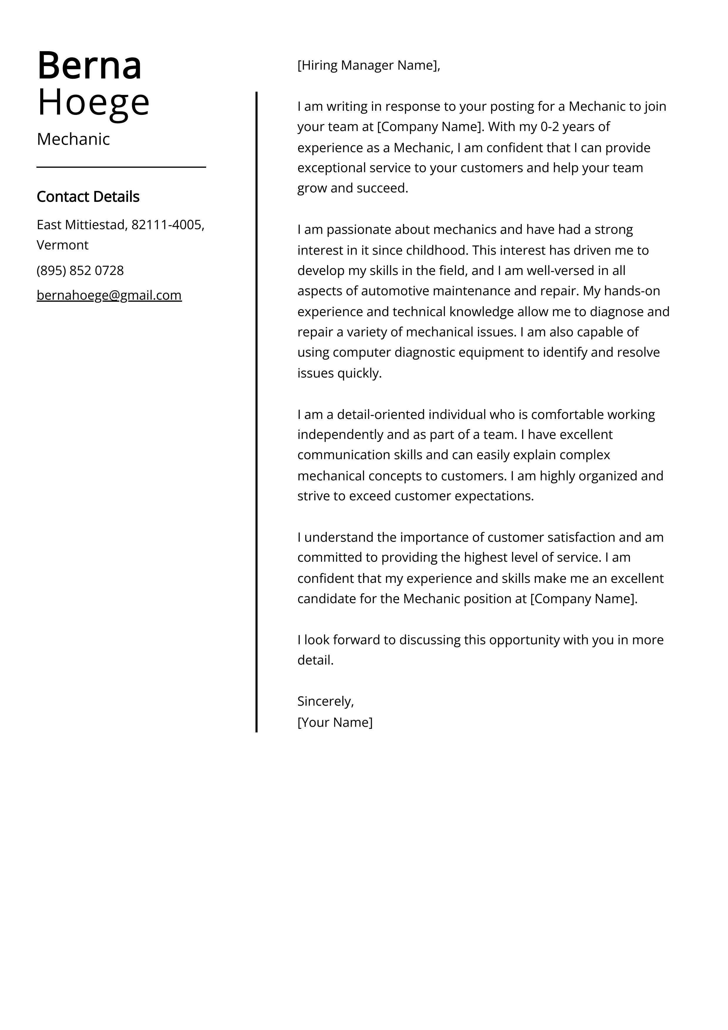 Mechanic Cover Letter Example