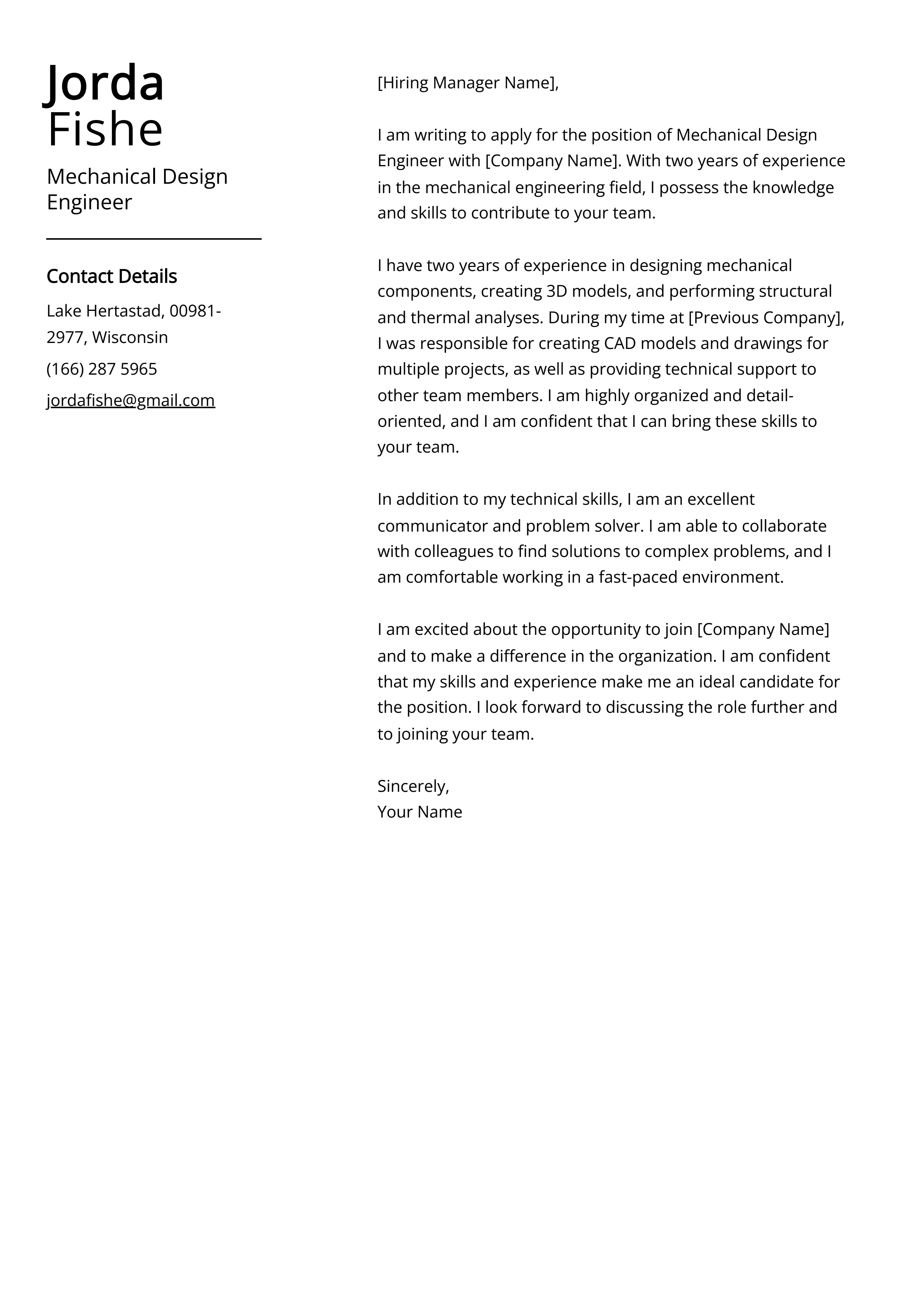 Mechanical Design Engineer Cover Letter Example