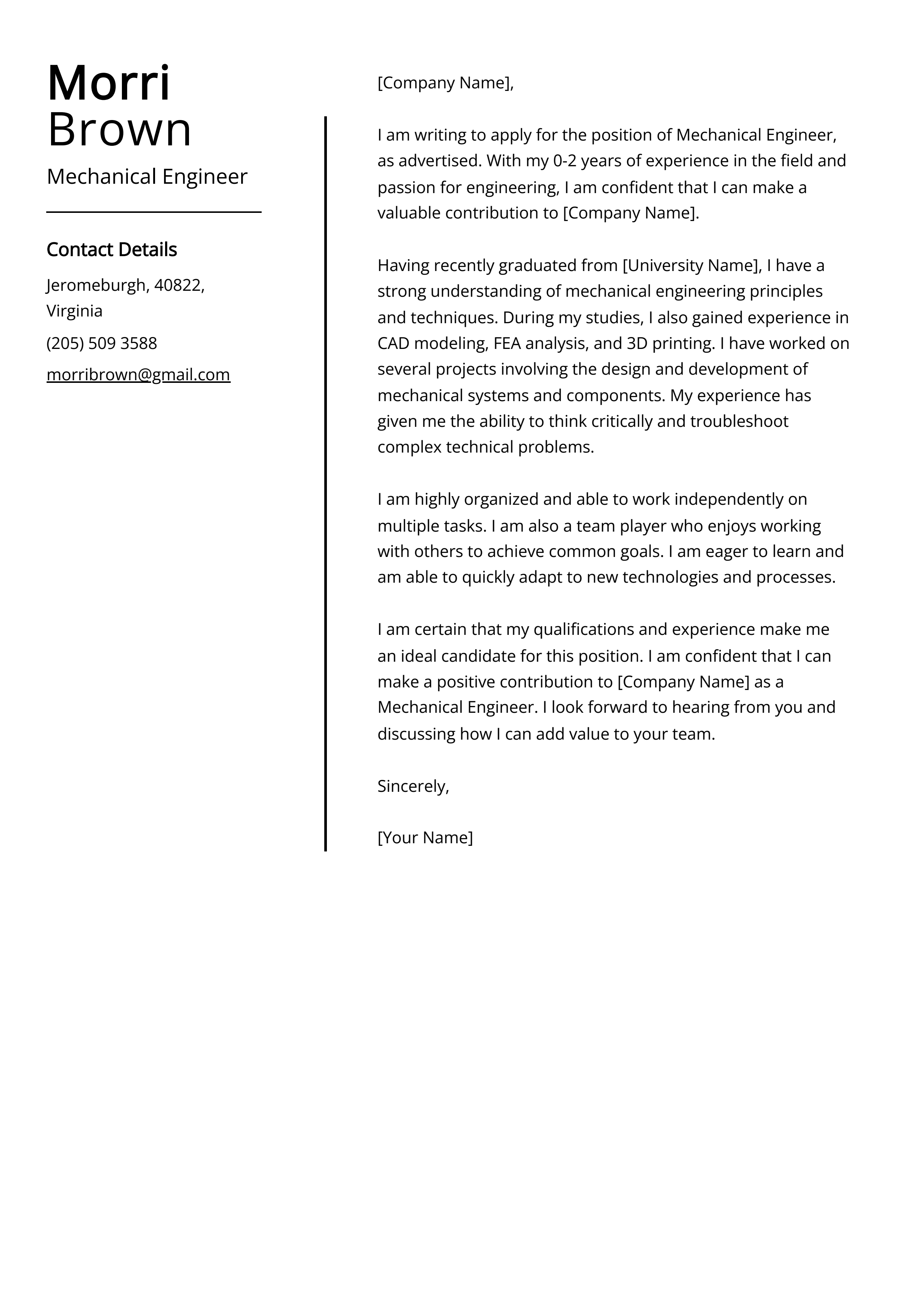 Mechanical Engineer Cover Letter Example