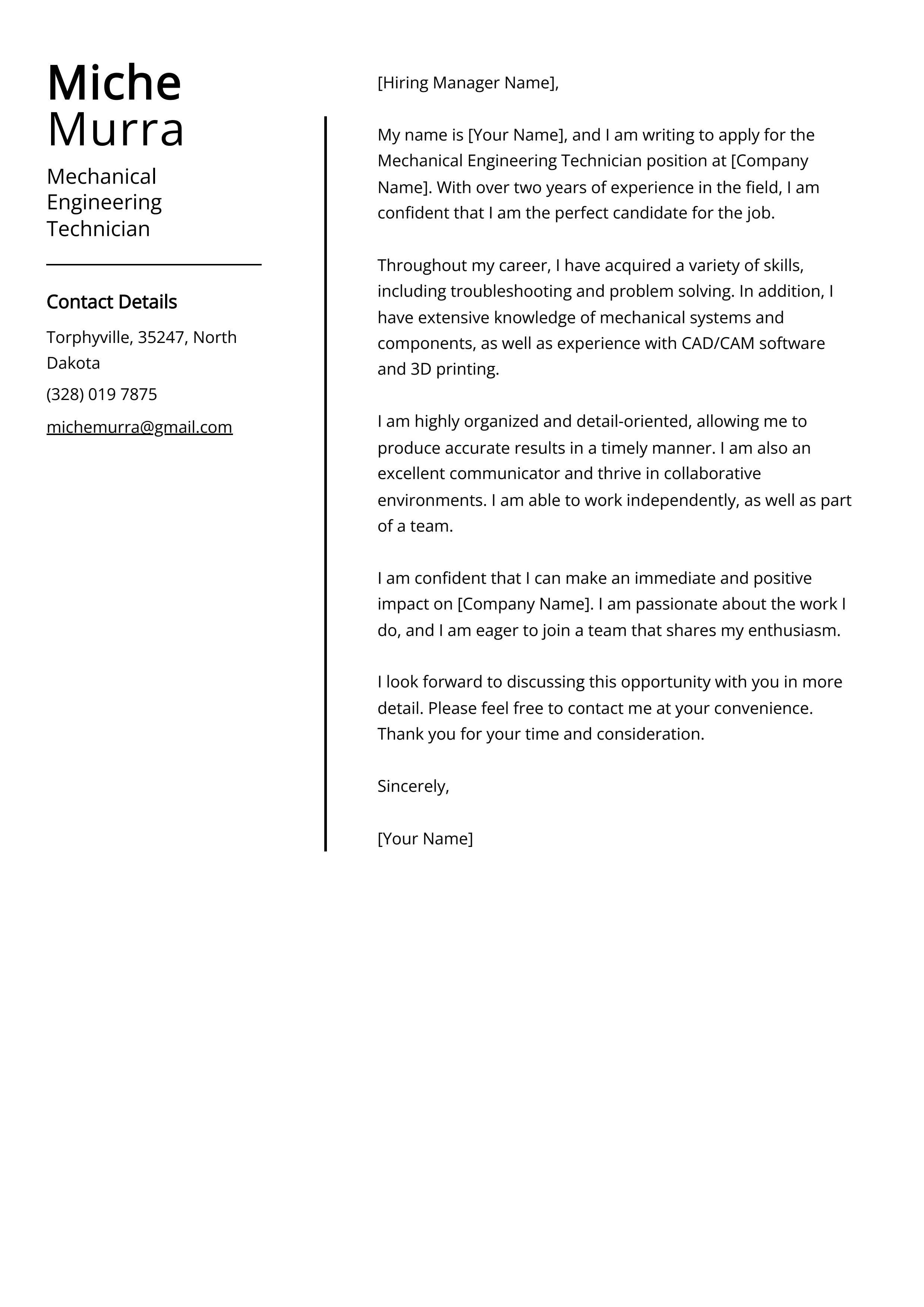 Mechanical Engineering Technician Cover Letter Example