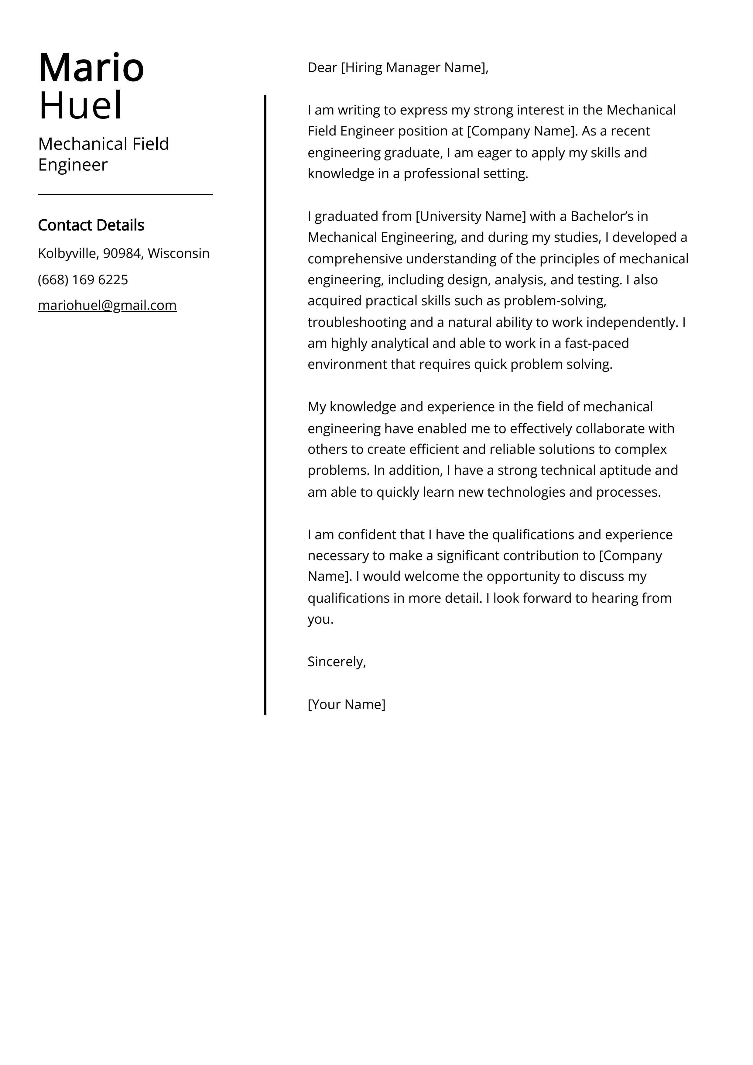Mechanical Field Engineer Cover Letter Example