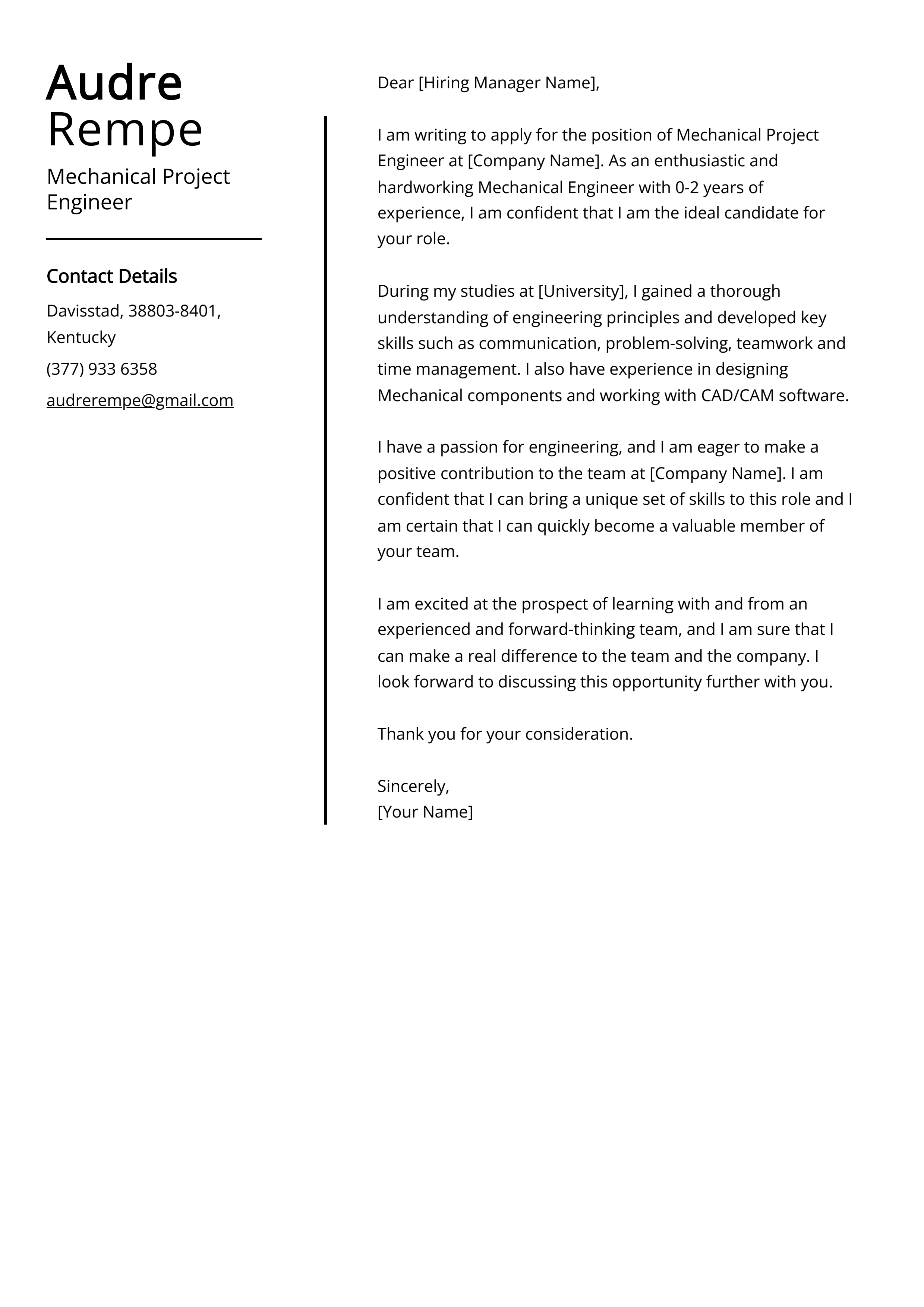 Mechanical Project Engineer Cover Letter Example