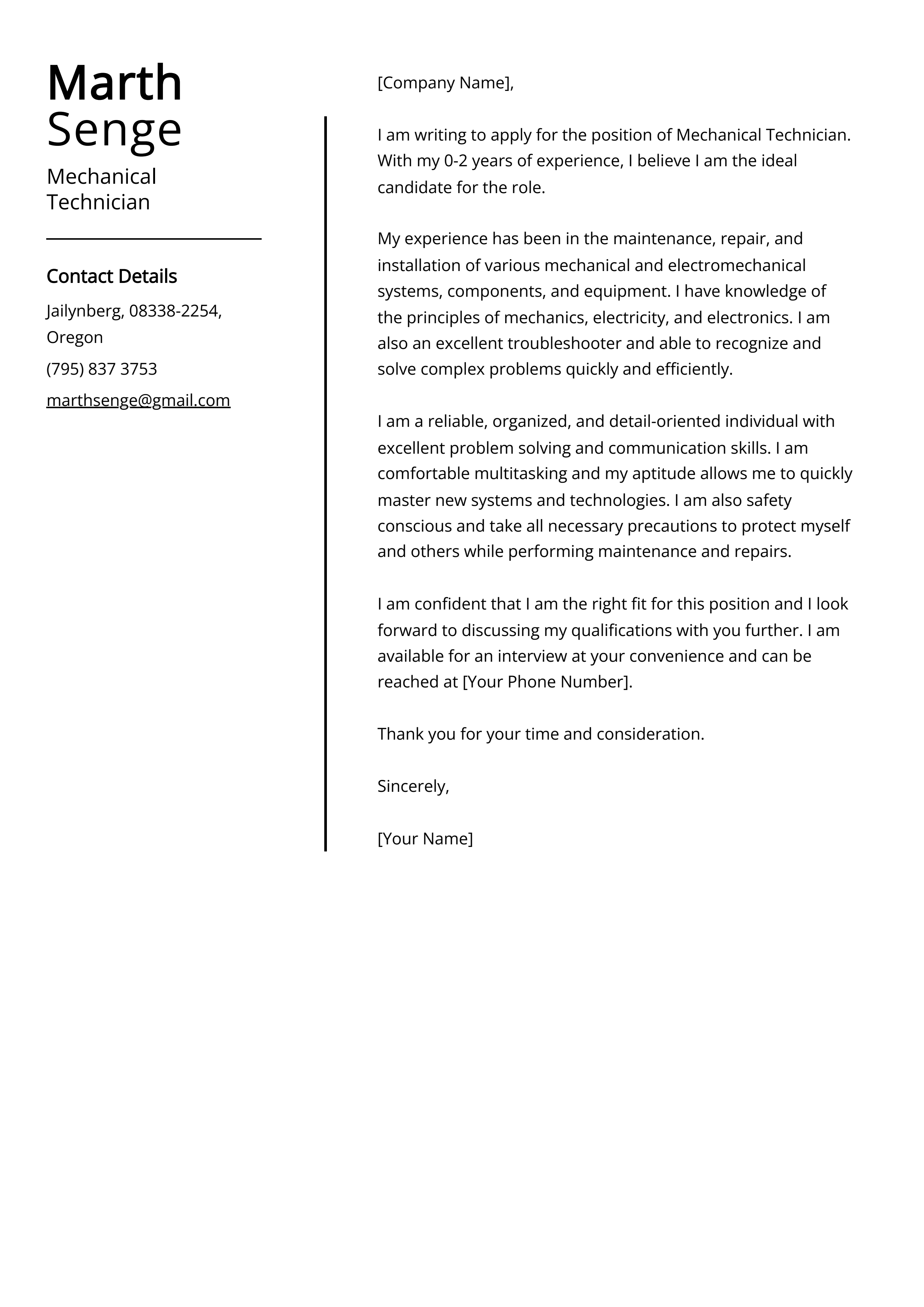 Mechanical Technician Cover Letter Example