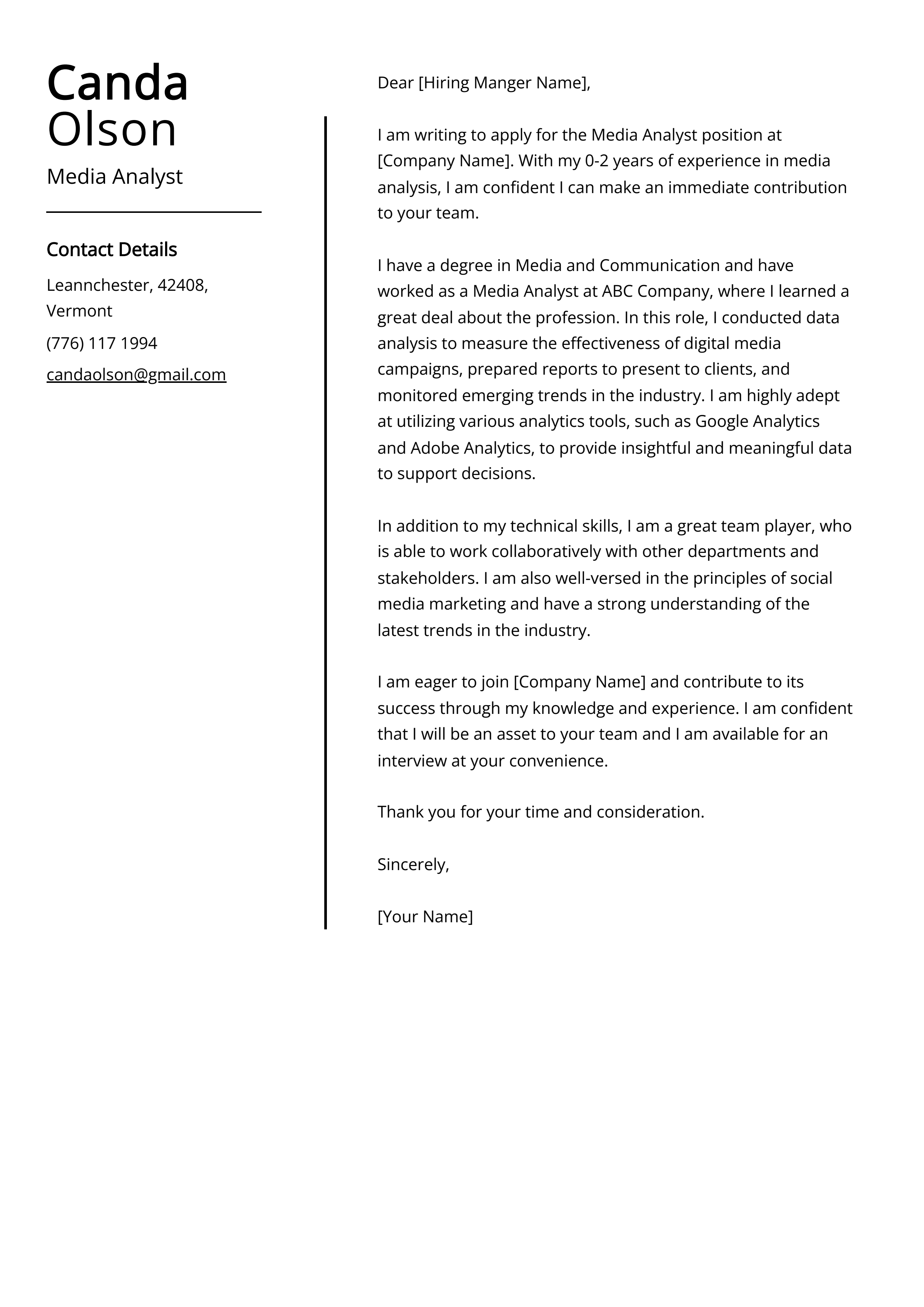 Media Analyst Cover Letter Example