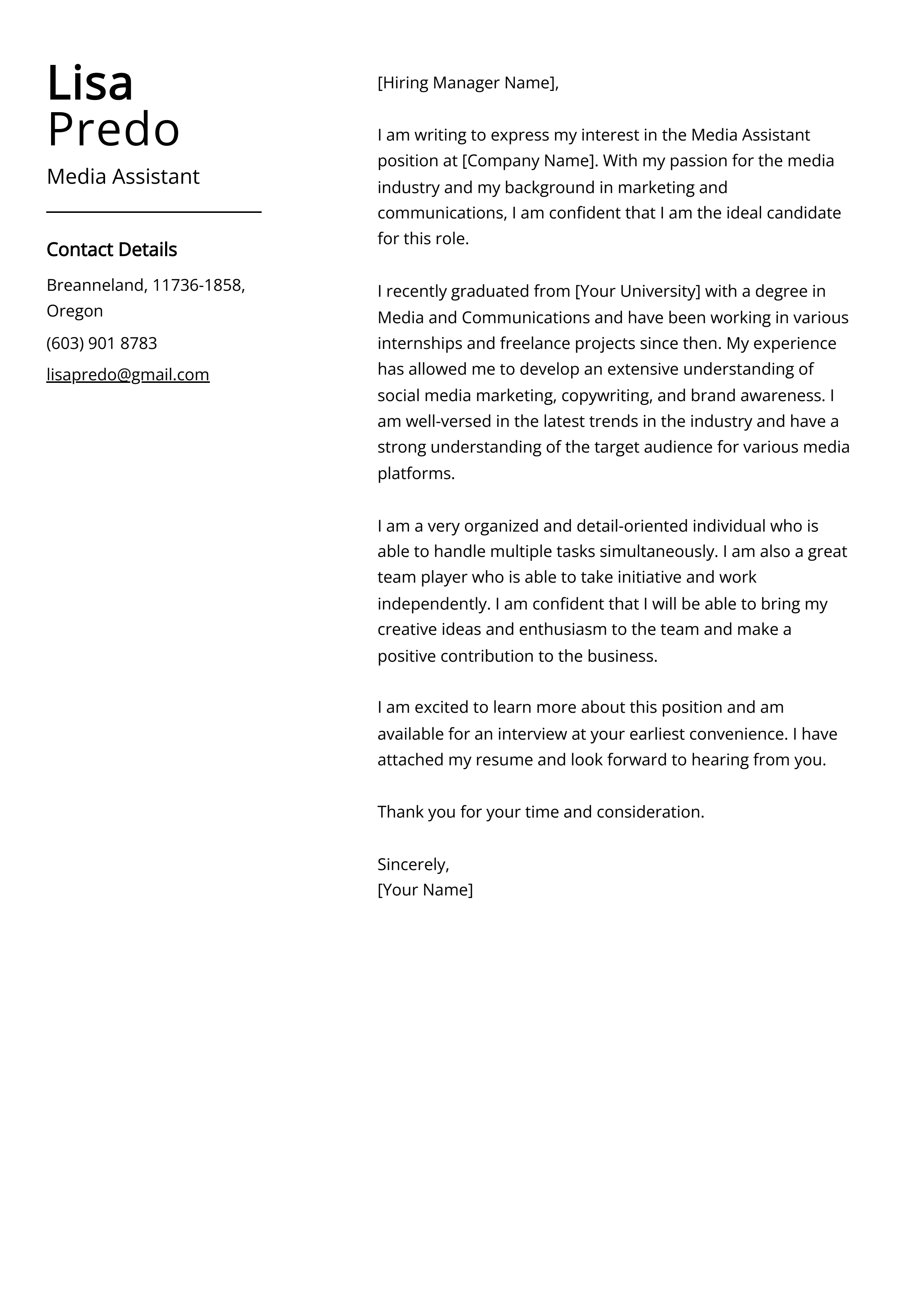 Media Assistant Cover Letter Example