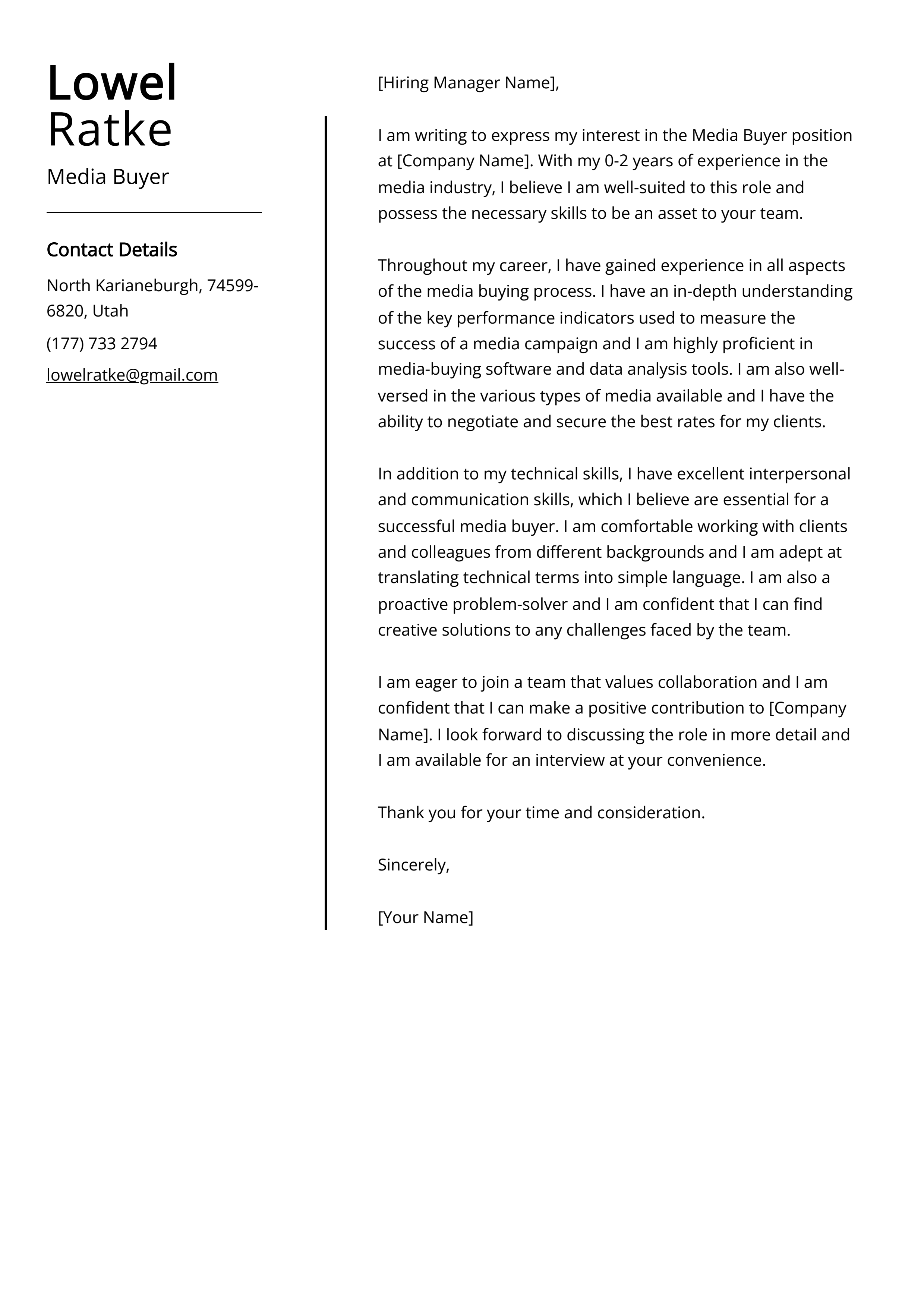Media Buyer Cover Letter Example