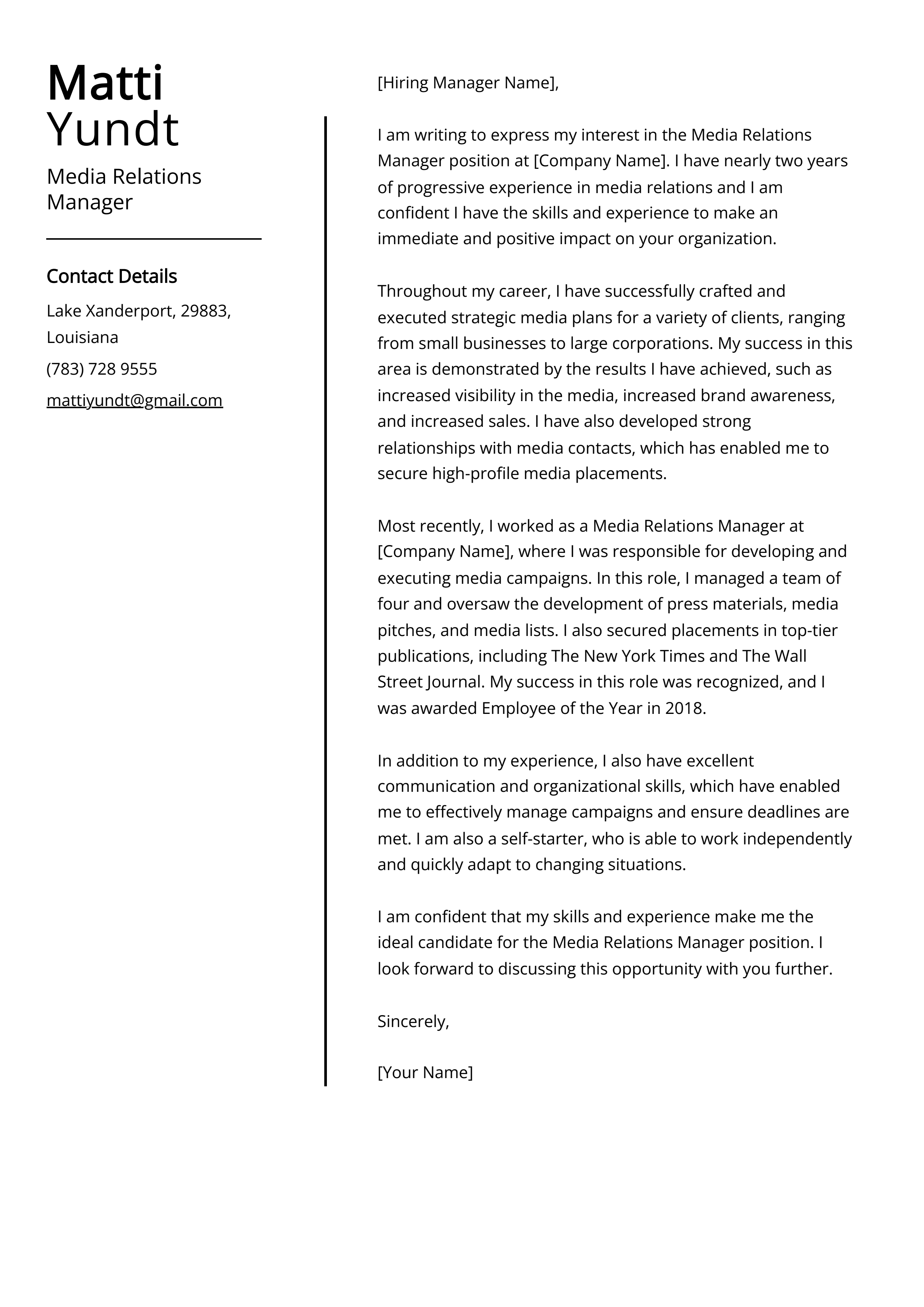 Media Relations Manager Cover Letter Example