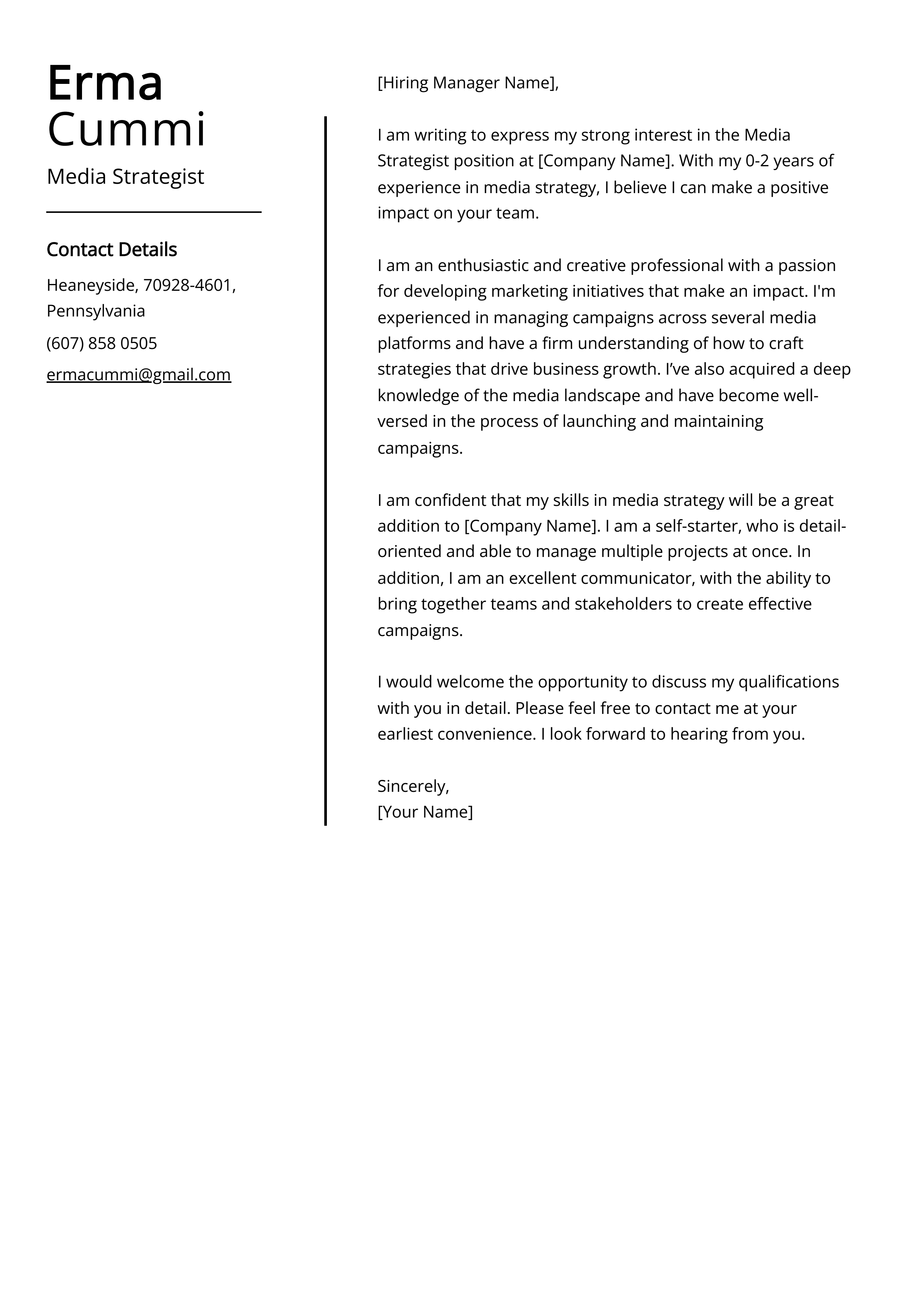 Media Strategist Cover Letter Example