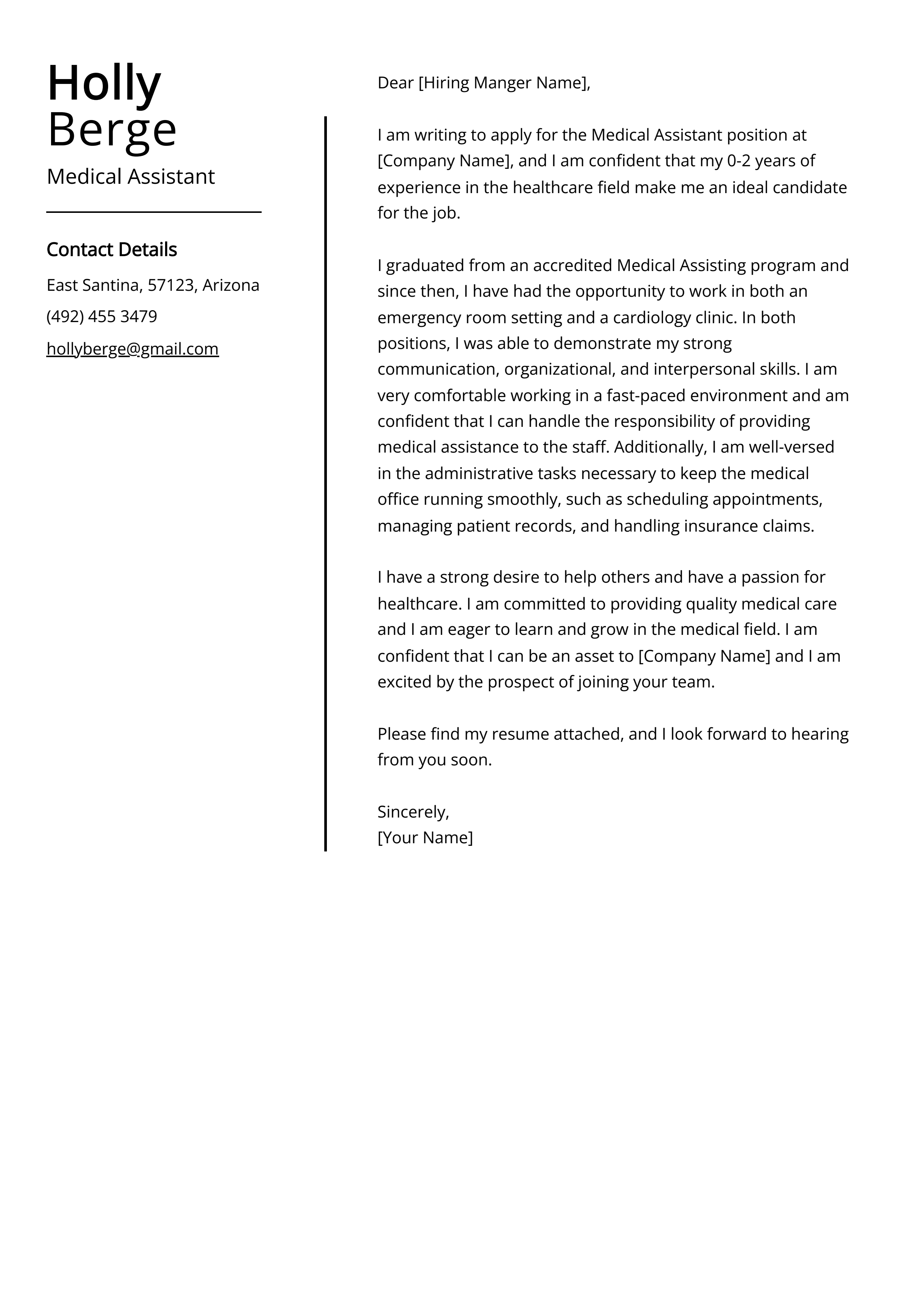 Medical Assistant Cover Letter Example