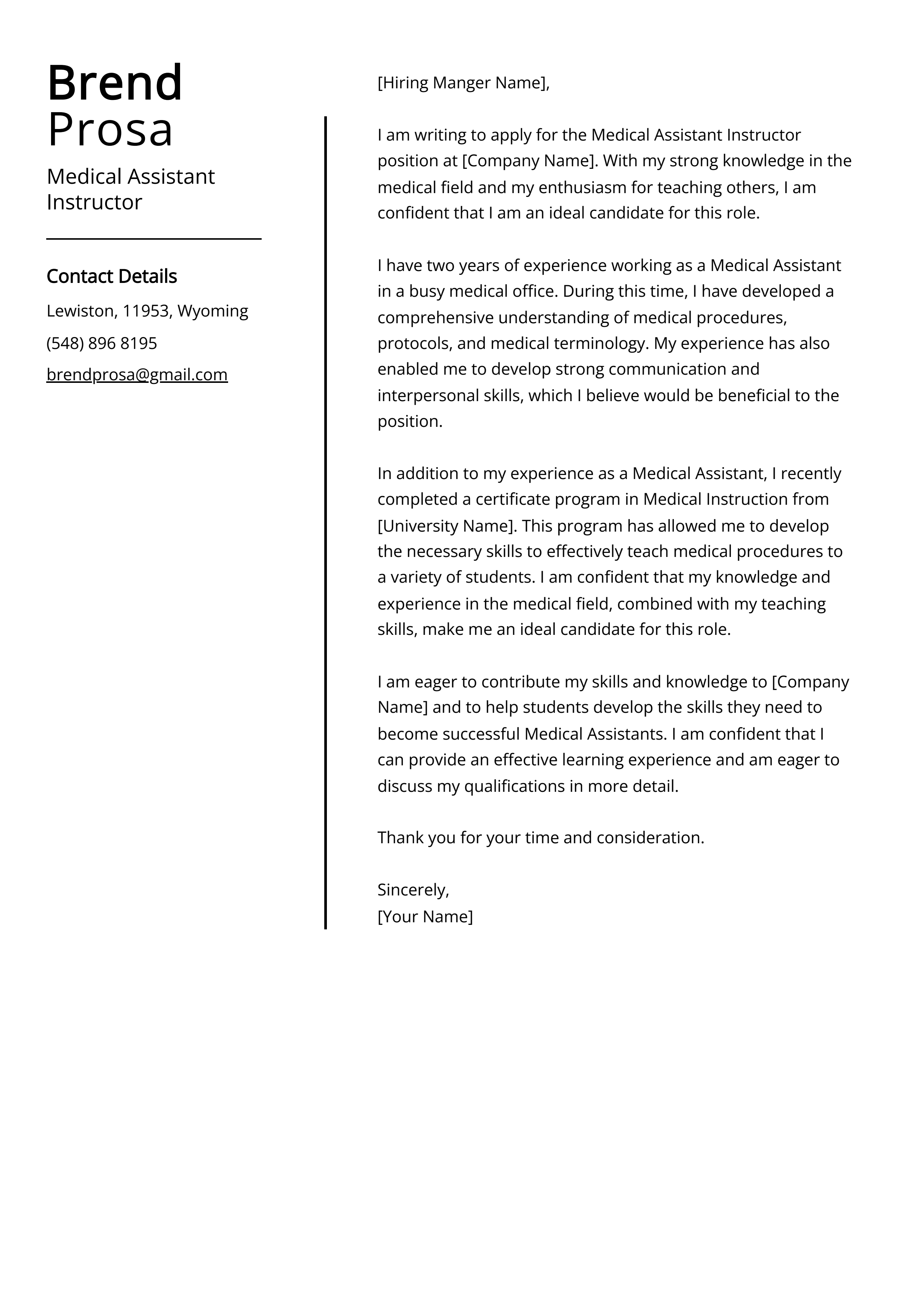 Medical Assistant Instructor Cover Letter Example