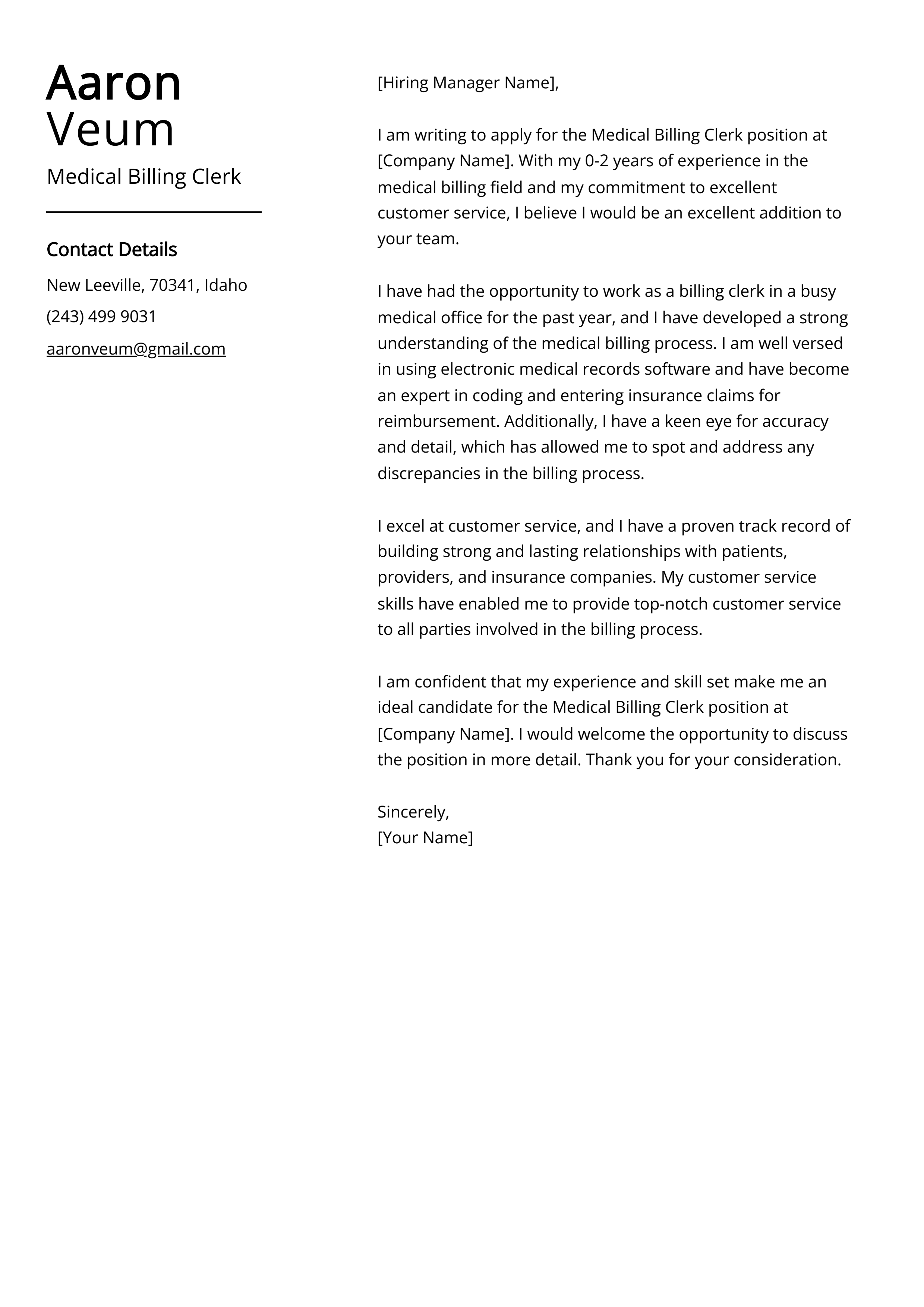 Medical Billing Clerk Cover Letter Example