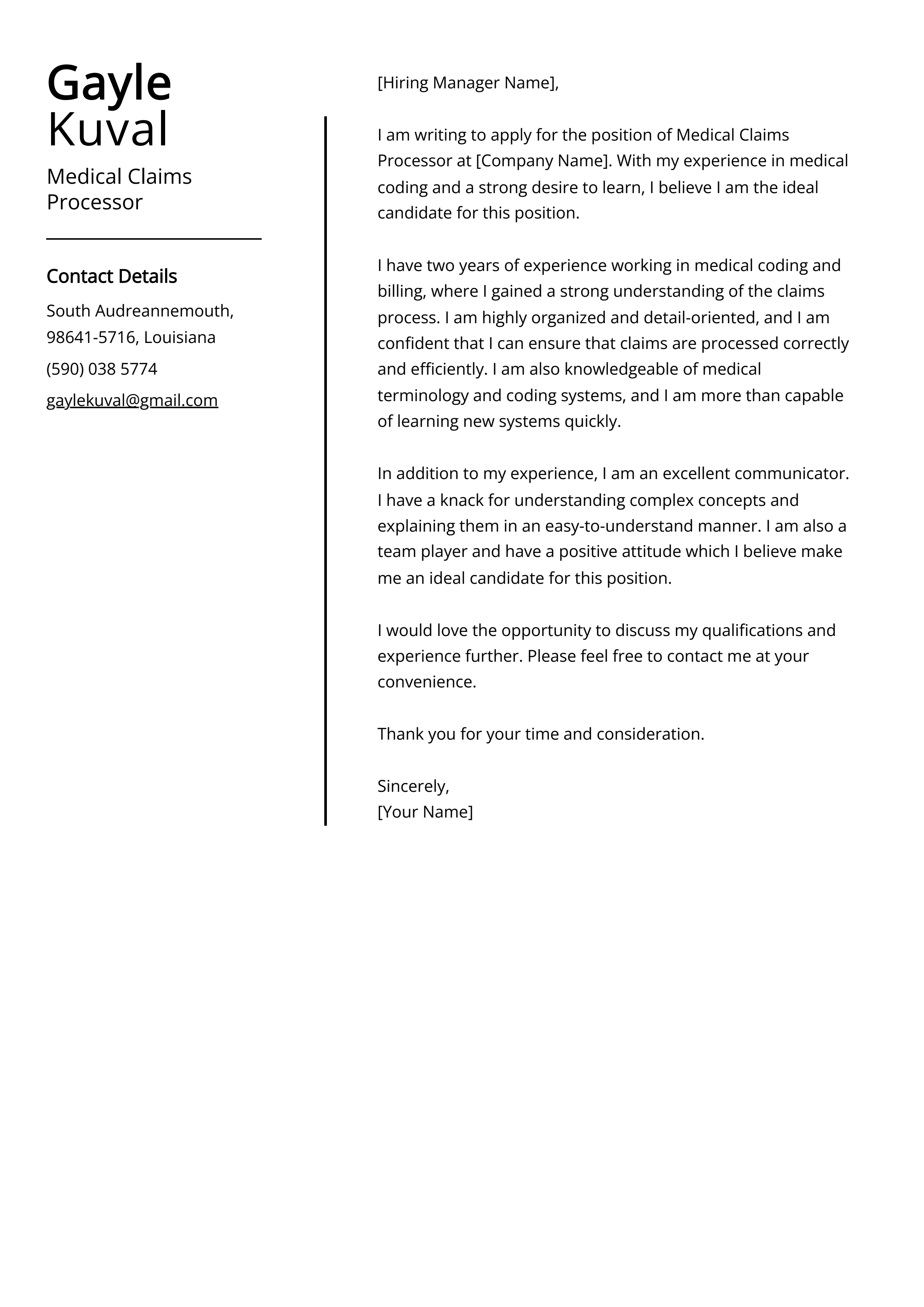 Medical Claims Processor Cover Letter Example