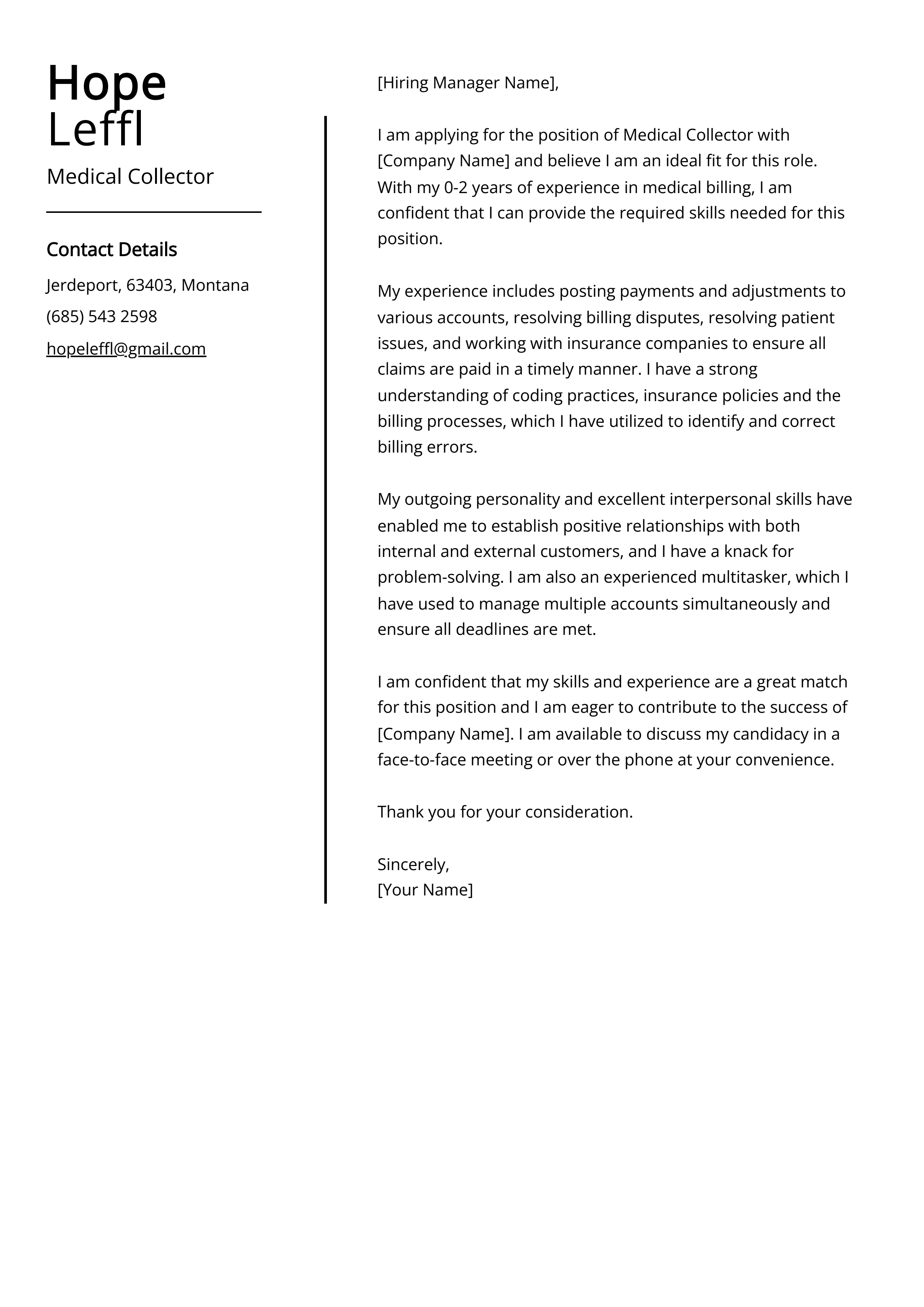 Medical Collector Cover Letter Example