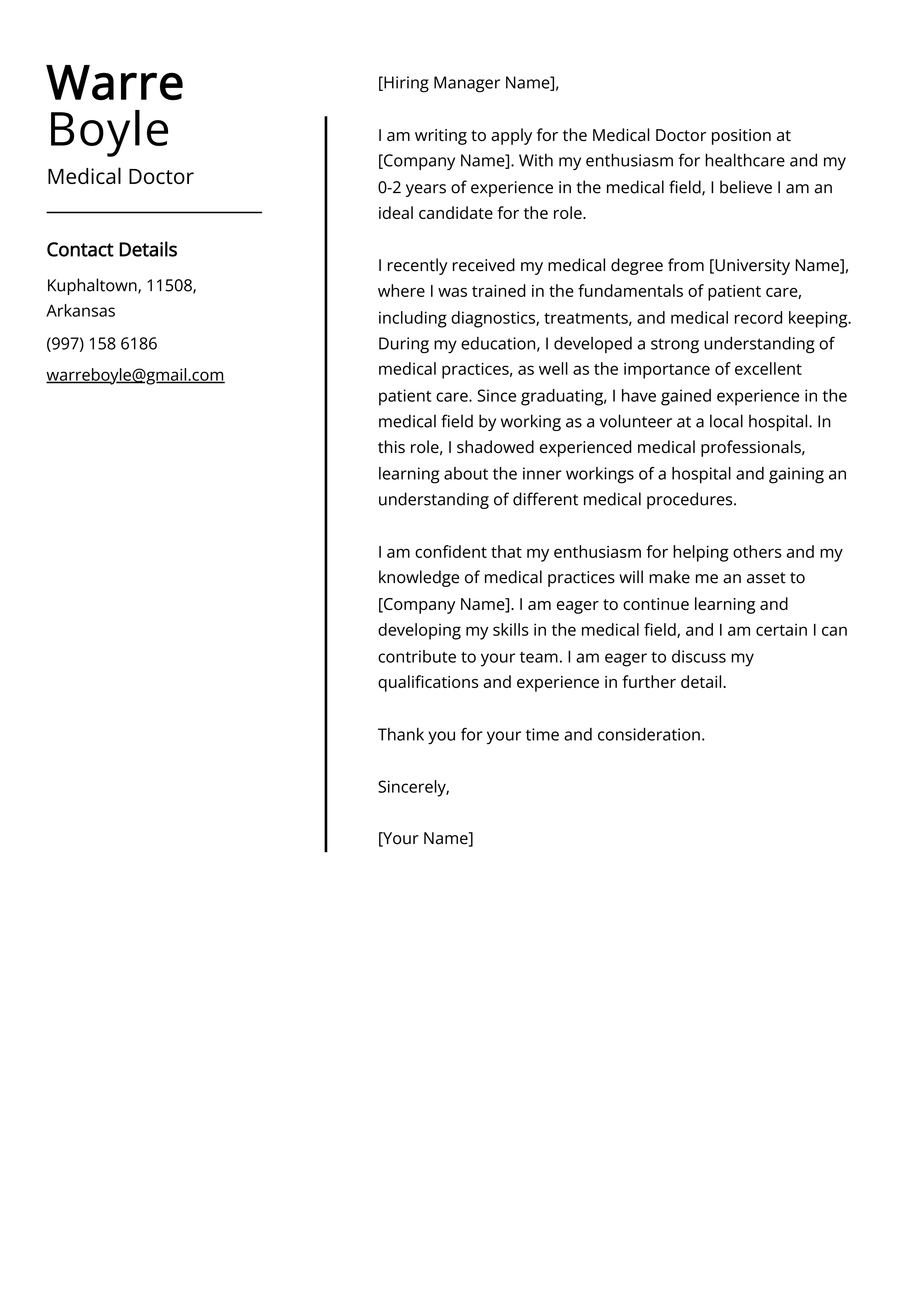 Medical Doctor Cover Letter Example